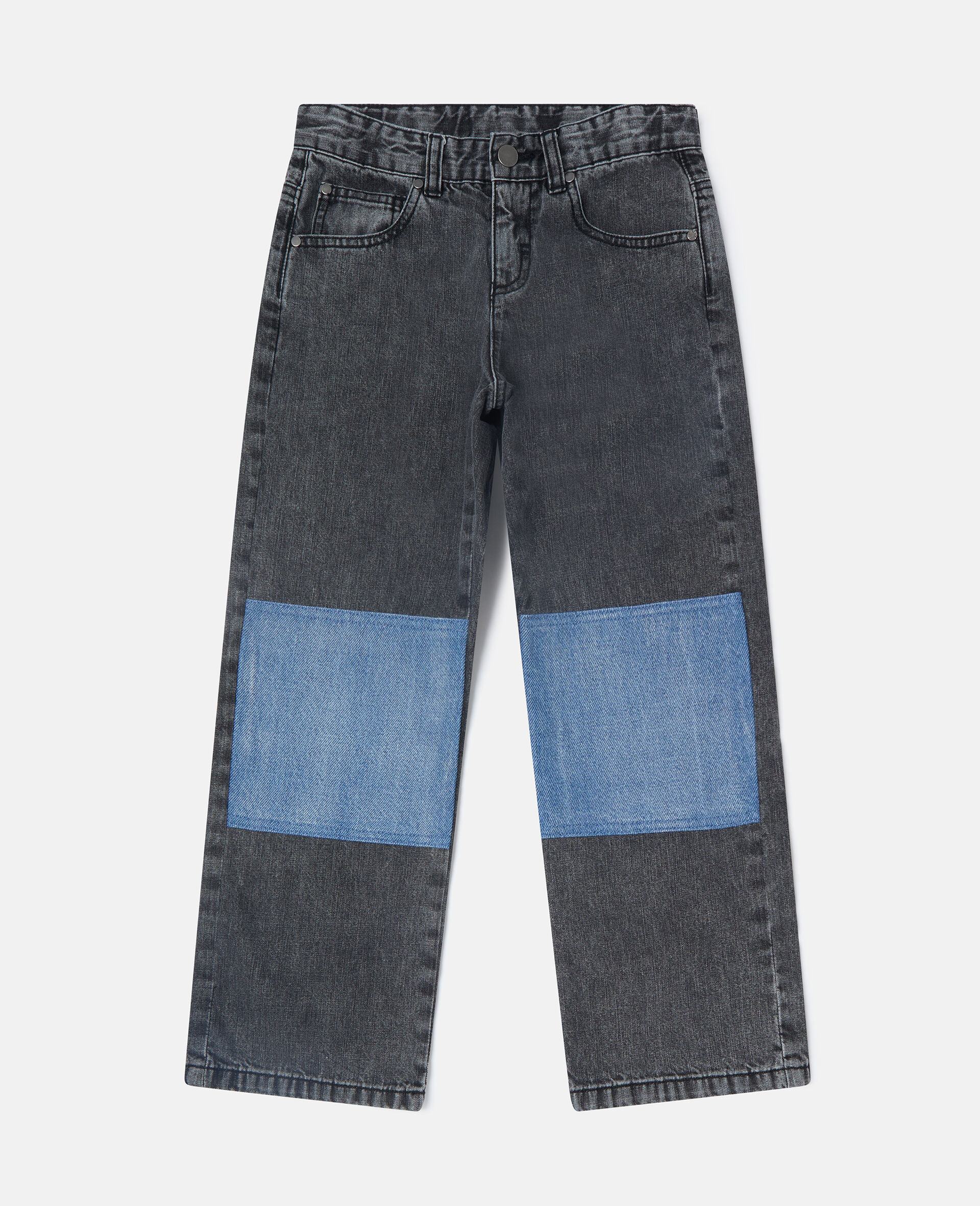 Jeans in Denim a Gamba Dritta con Pannelli a Contrasto-Nero-medium