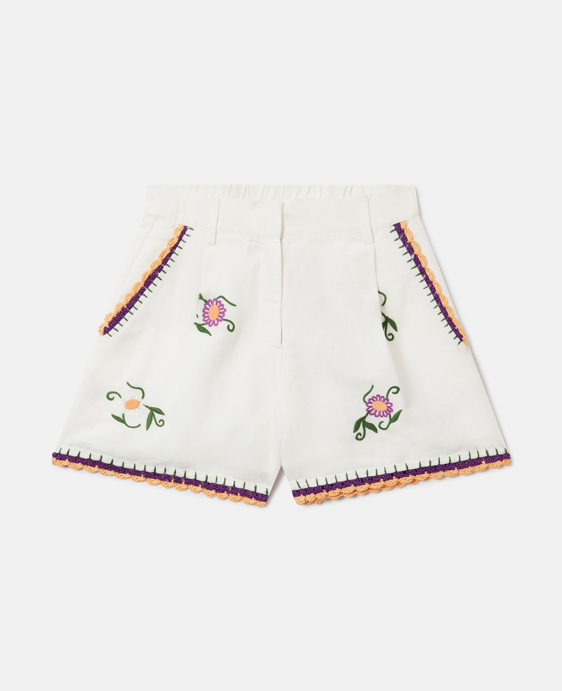 Embroidered Linen-Blend Shorts-White-medium