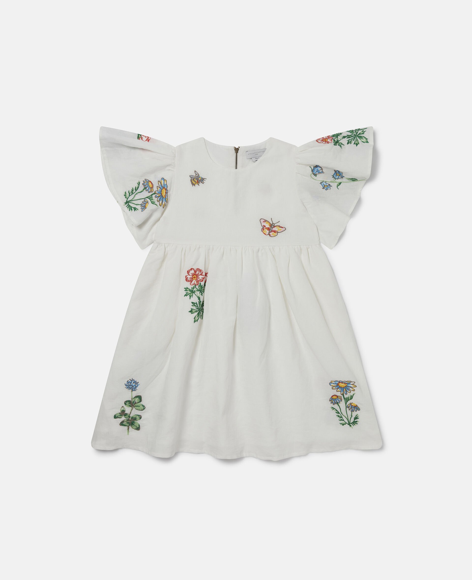 Flower Embroidered Cap-Sleeve Dress-Cream-medium