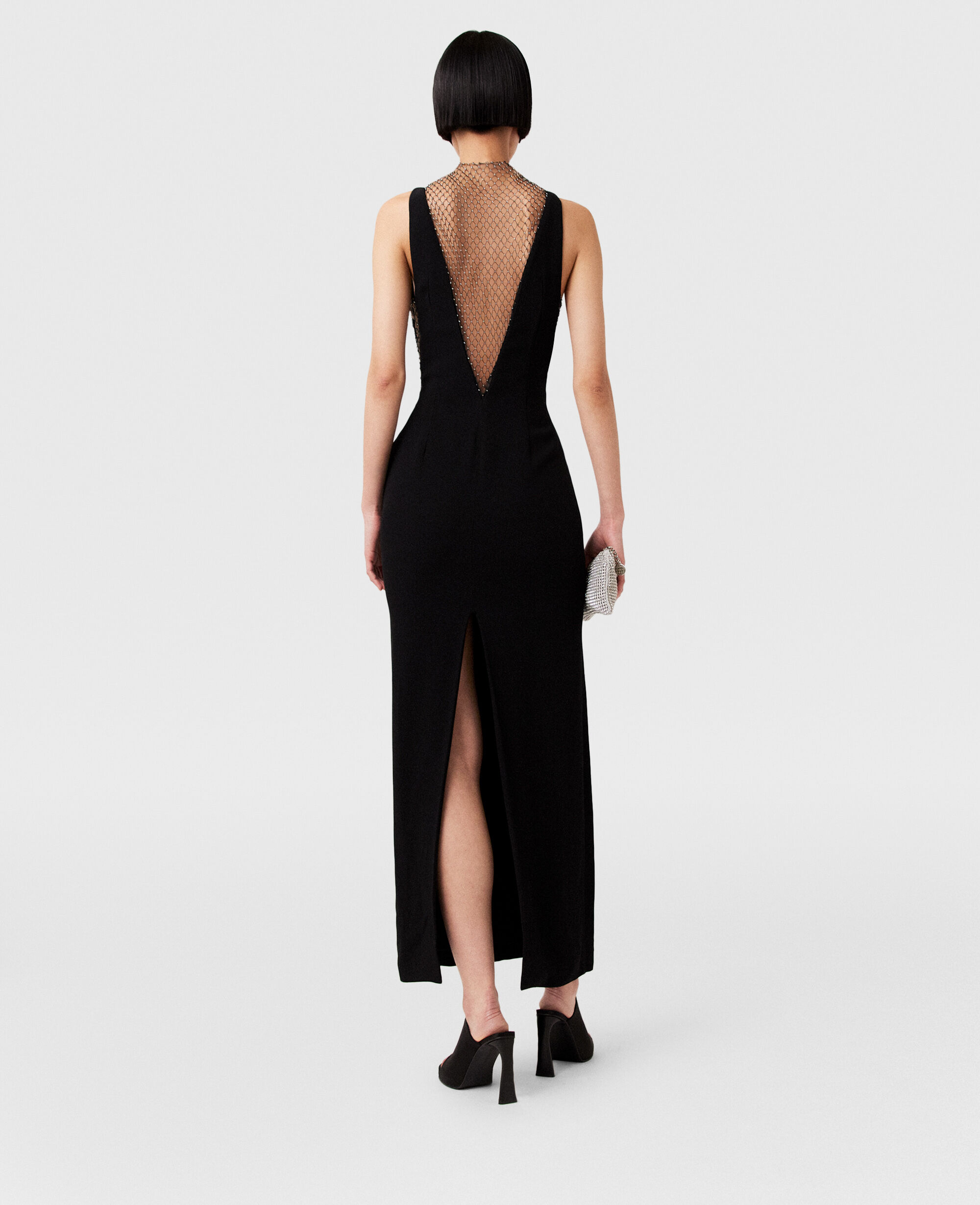 Women Midnight black Crystal Mesh Deep V Midi Dress | Stella