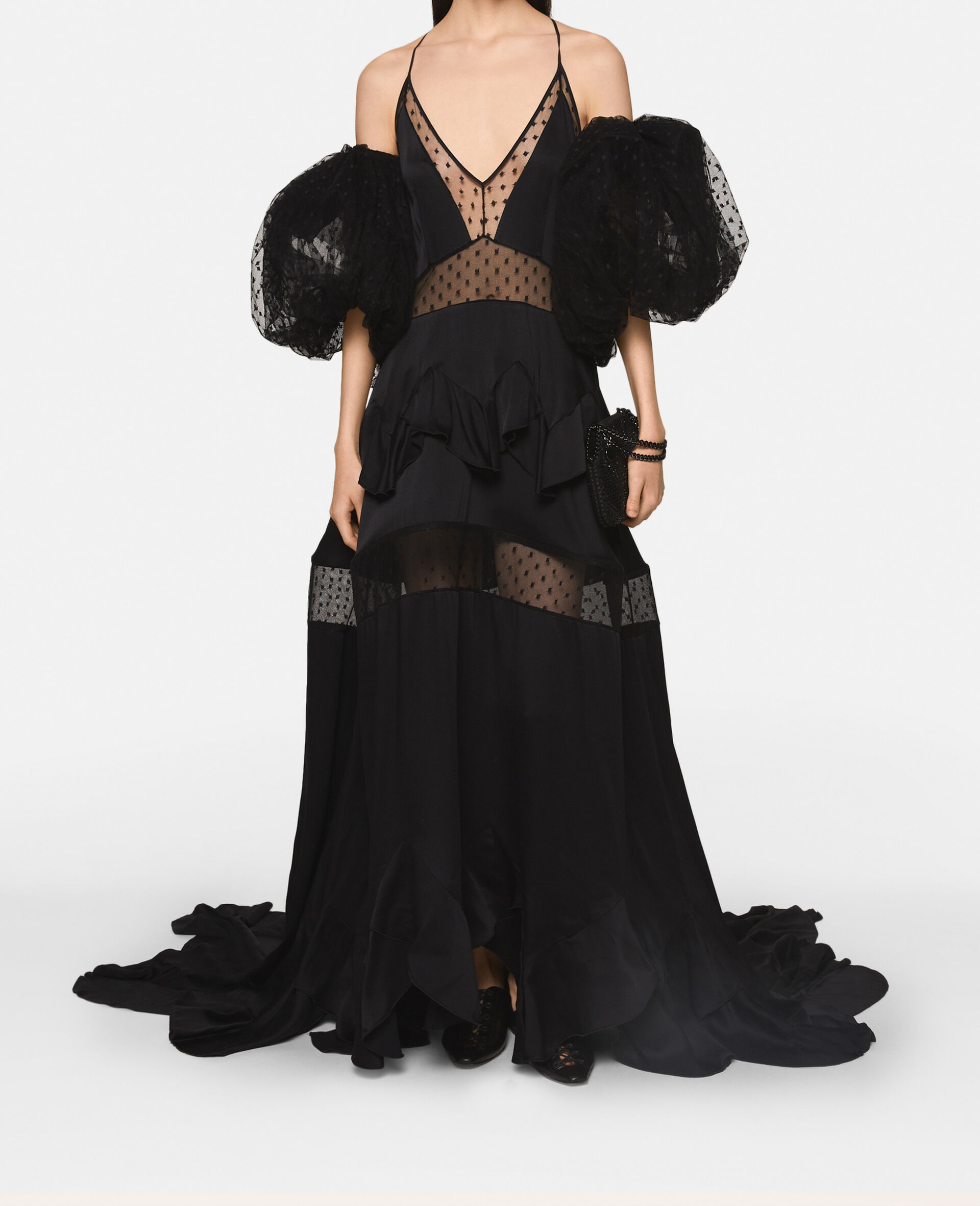 Puff Sleeve Polka Dot Mesh Maxi Dress-Black-large image number 2