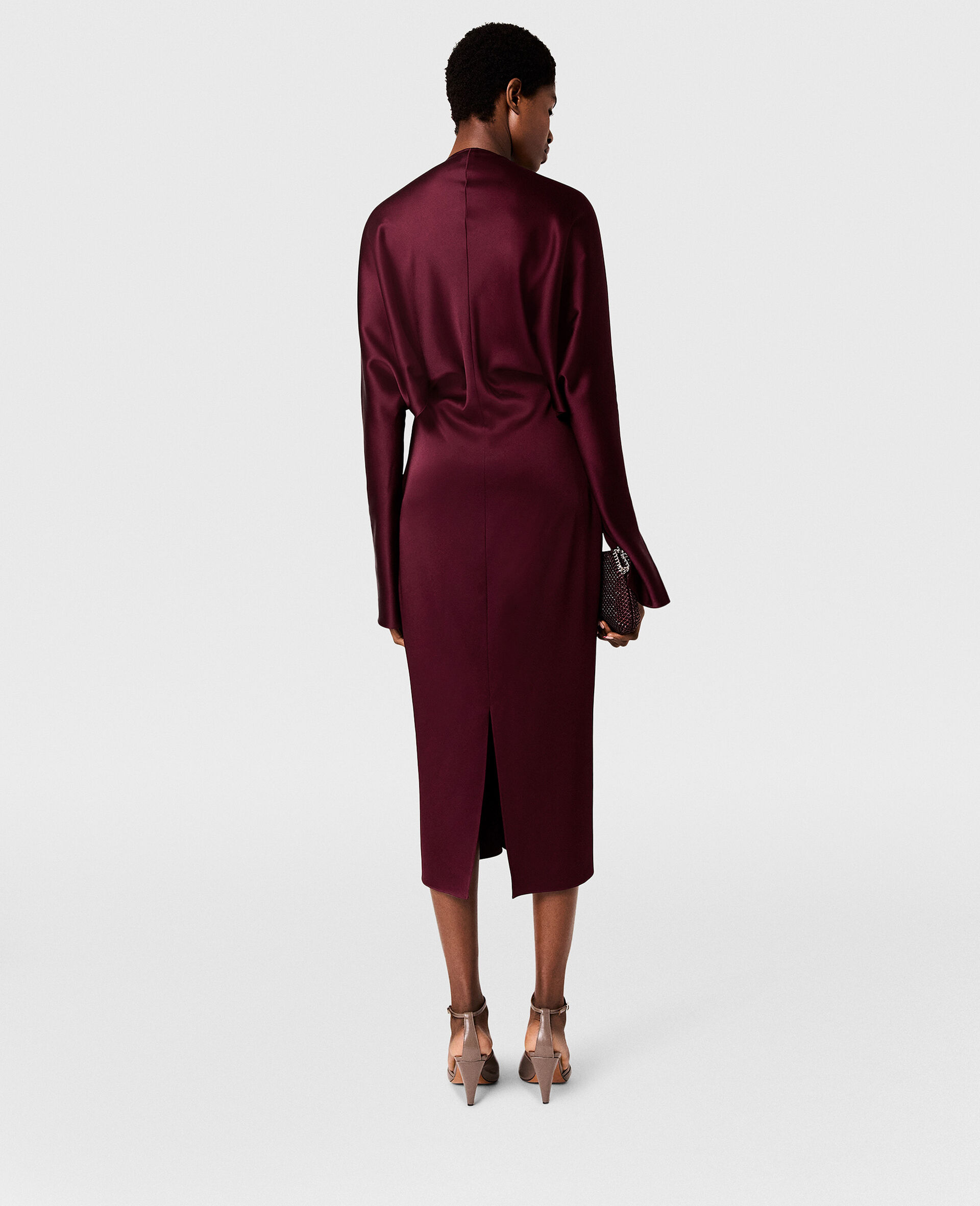 Robe midi en satin a manches capes et decoupes-Rouge-large image number 4