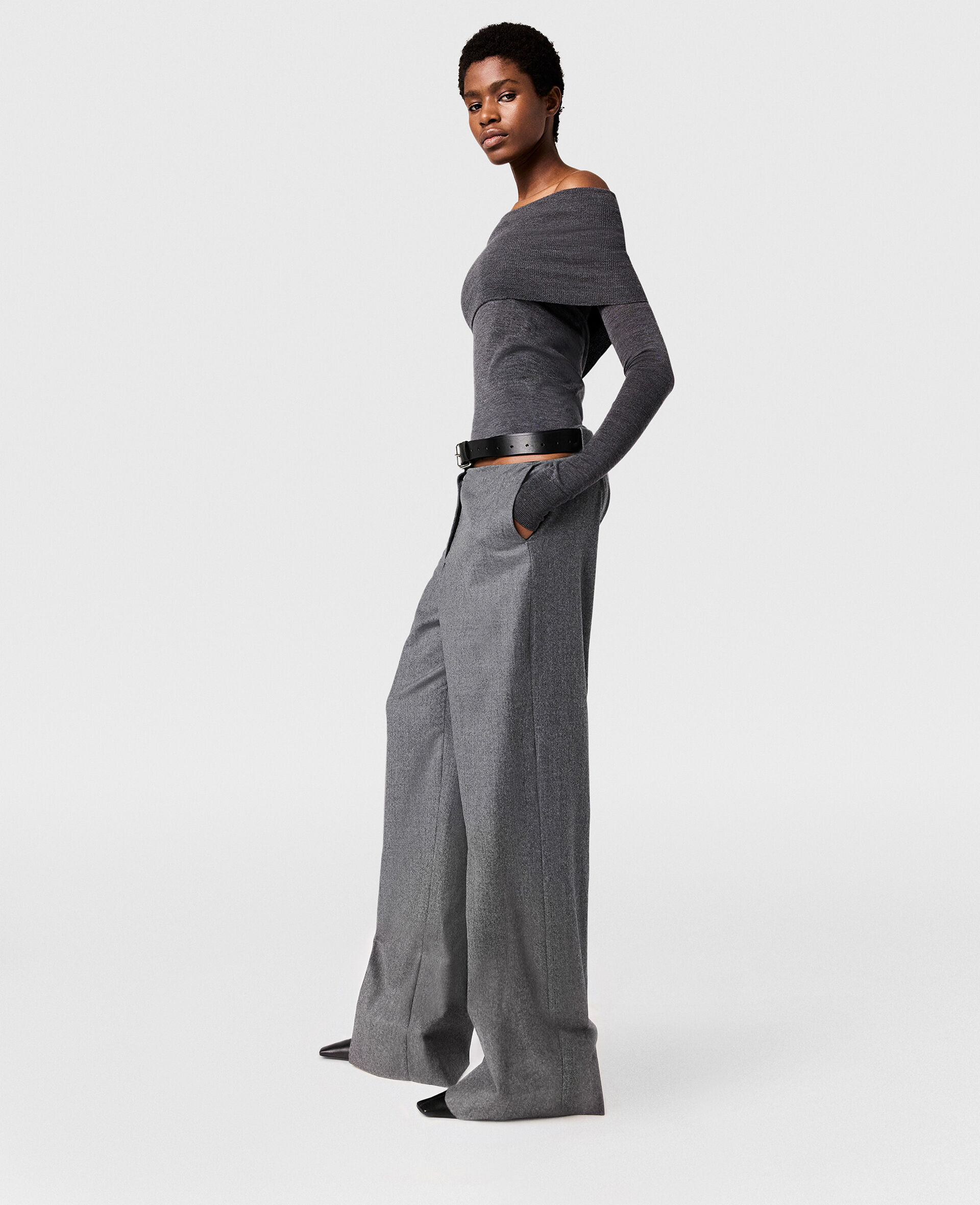 Belted Flannel Straight-Leg Trousers-Grey-large image number 2