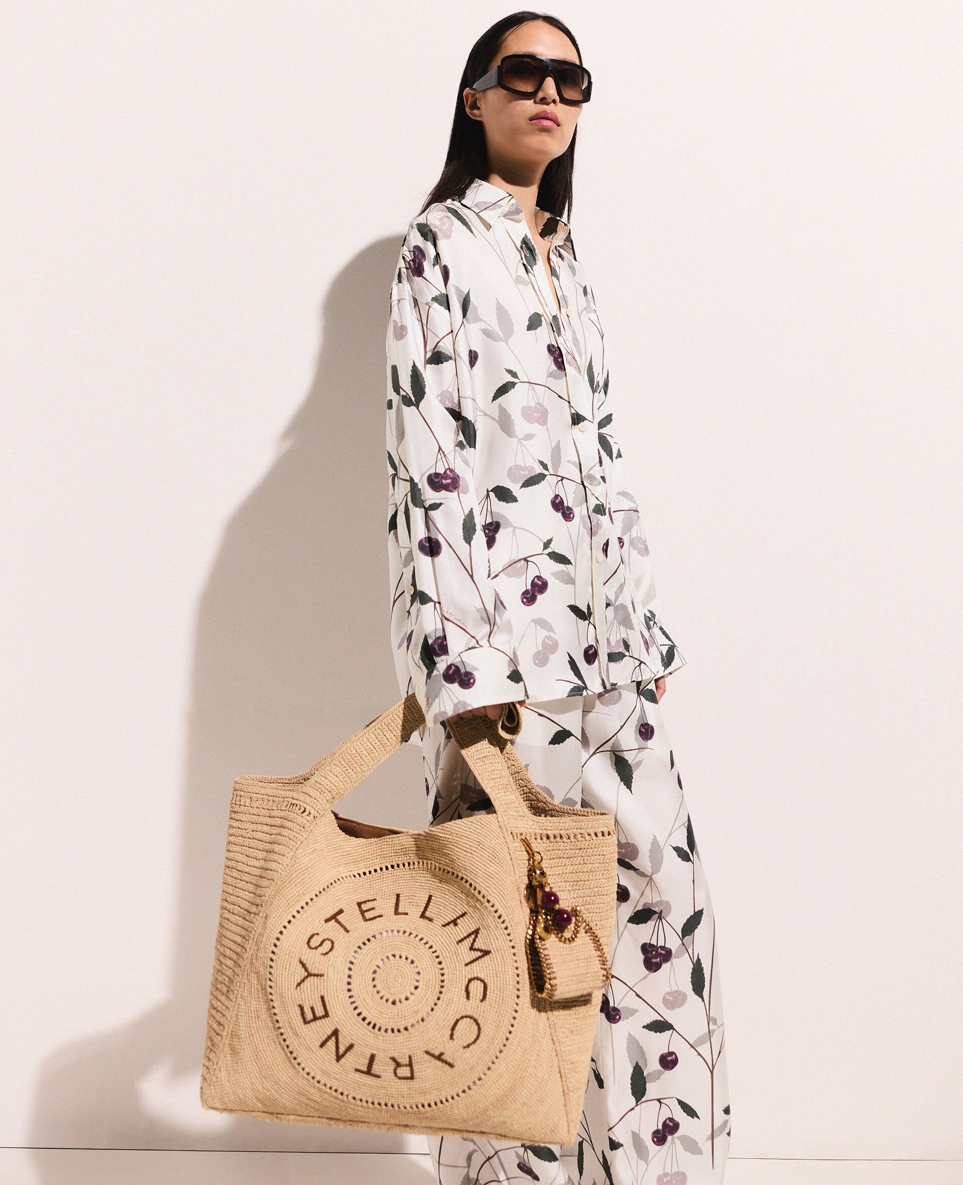 Cherry Print Oversized Shirt-Beige-model