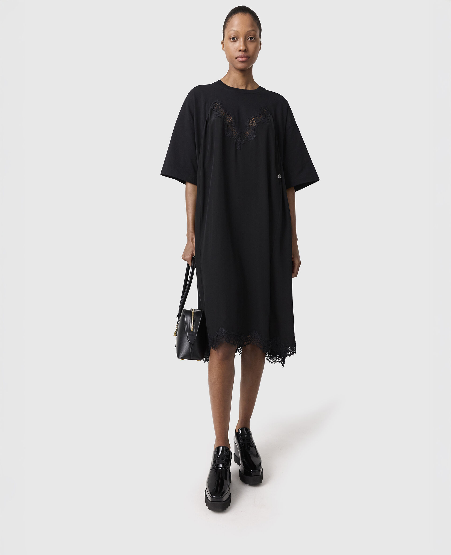 Kurzaermeliges Maxikleid mit Spitzeneinsatz-Weiß-medium