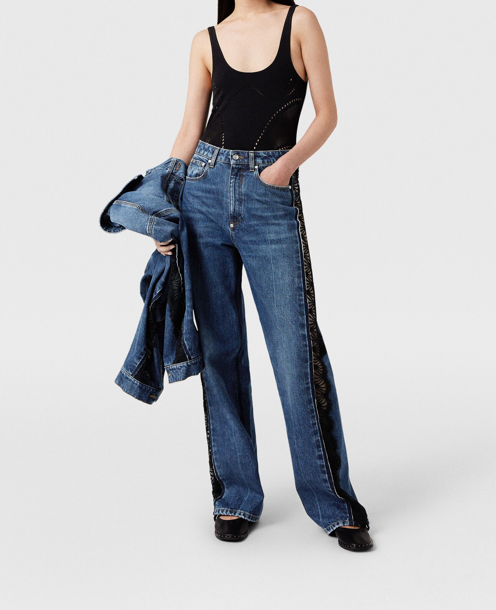 Women Vintage wash blue denim Lace High-Rise Straight Leg