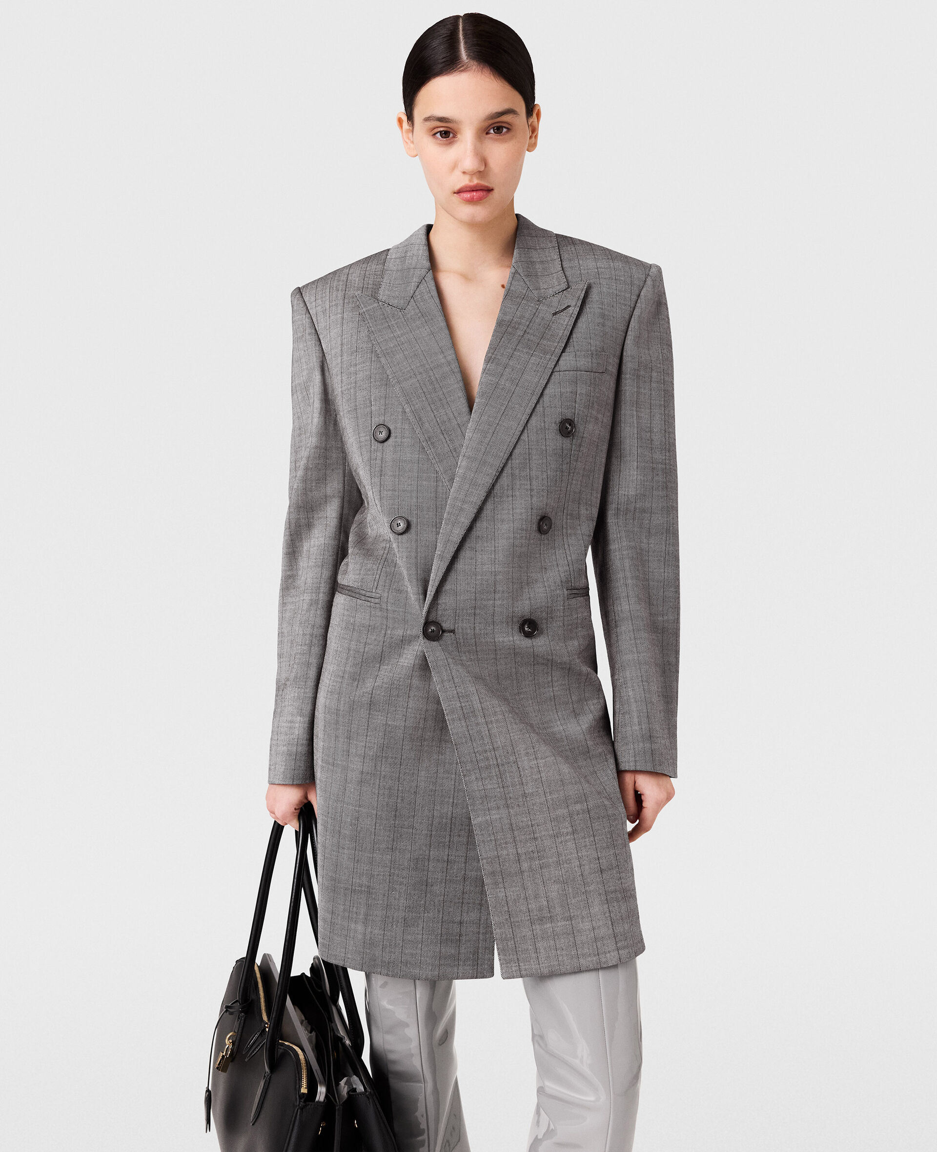 Minikleid mit zweireihigem Nadelstreifen-Blazer-Grau-large image number 4