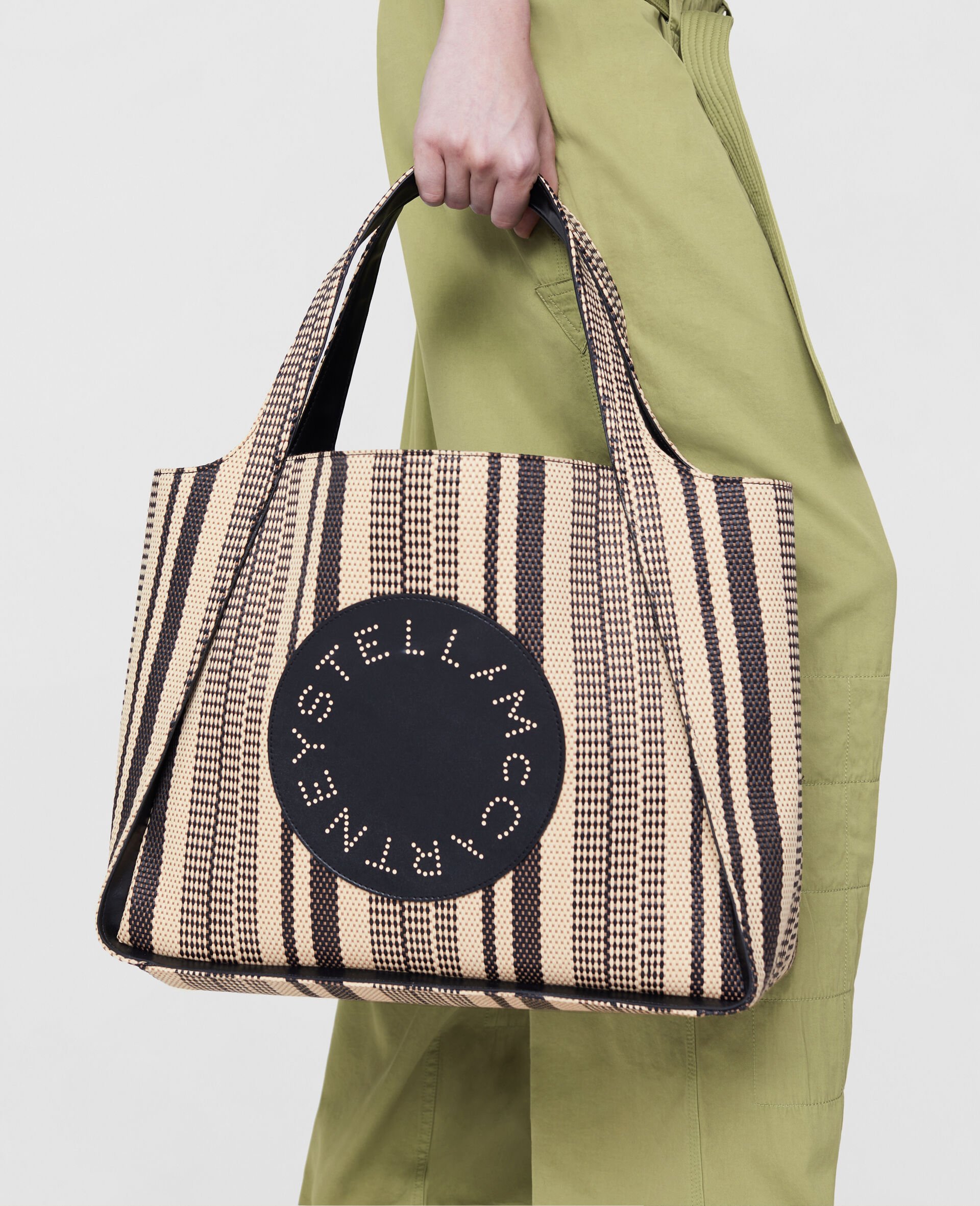 Stella Logo Striped Raffia Tote Bag -Black-large image number 4