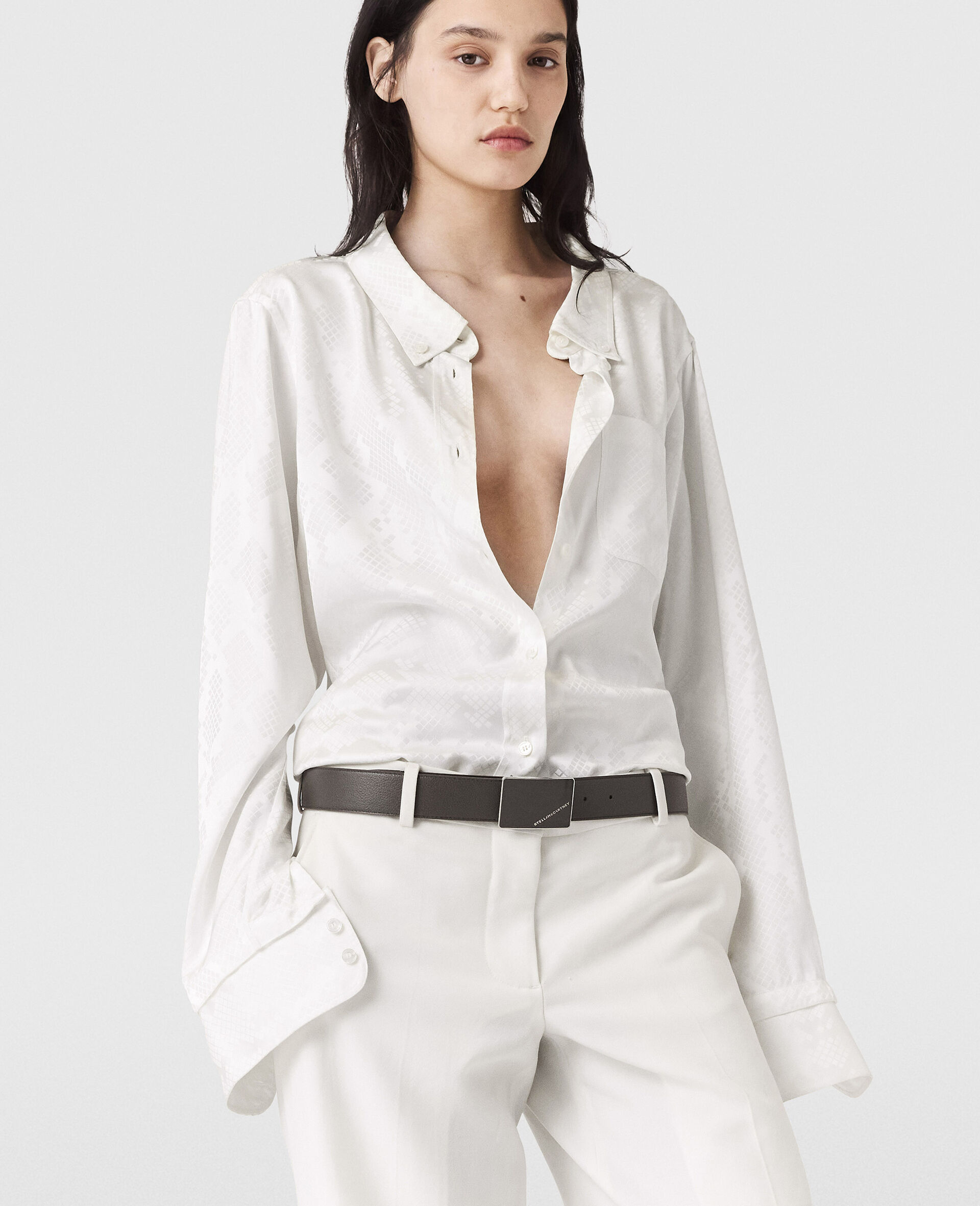 Snake Print Long-Sleeve Shirt-White-model