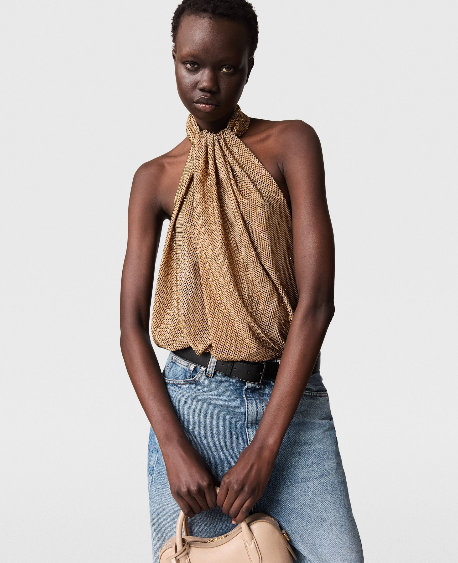 Halterneck Panel Rhinestone Embellished Top-Gold-medium