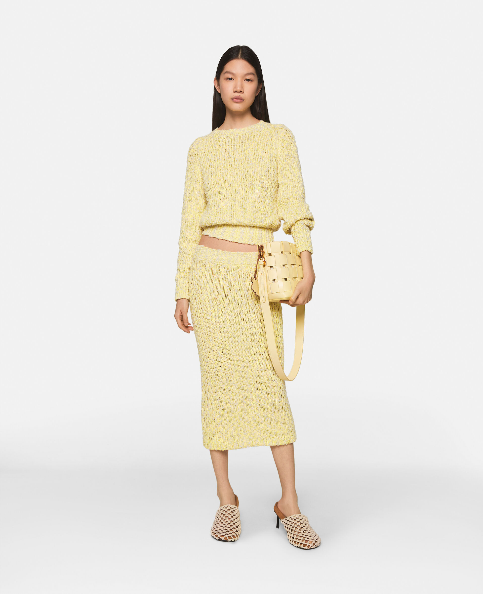 Textured Cotton Knit Midi-Skirt-Yellow-model