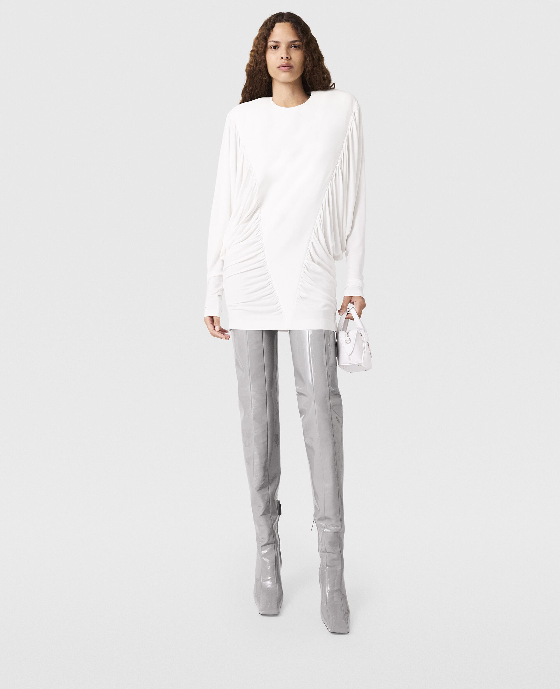 Pleated Crewneck Long-Sleeve Mini Dress-White-large image number 6