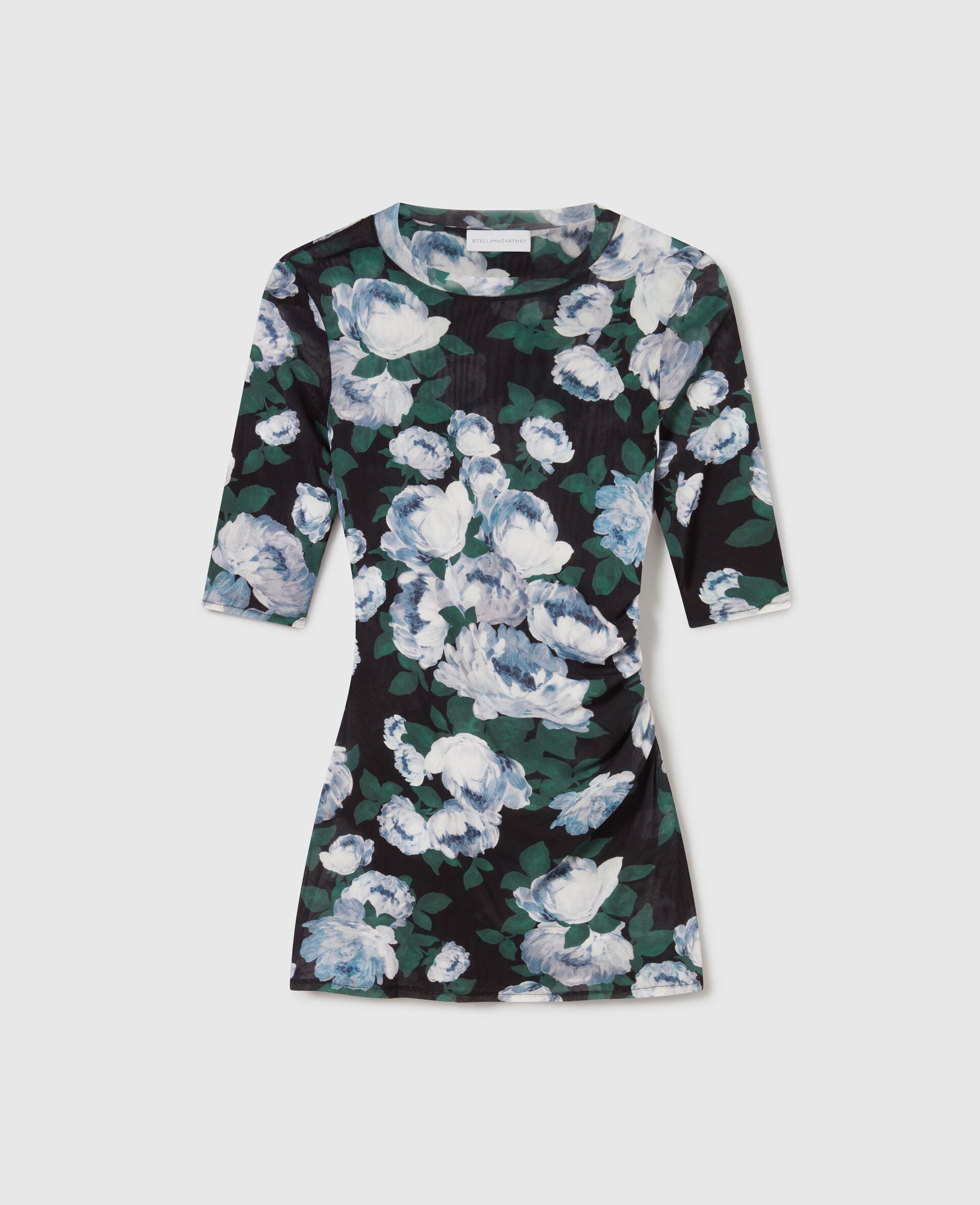 Haut floral a manches trois quarts en mesh-Bleu-medium