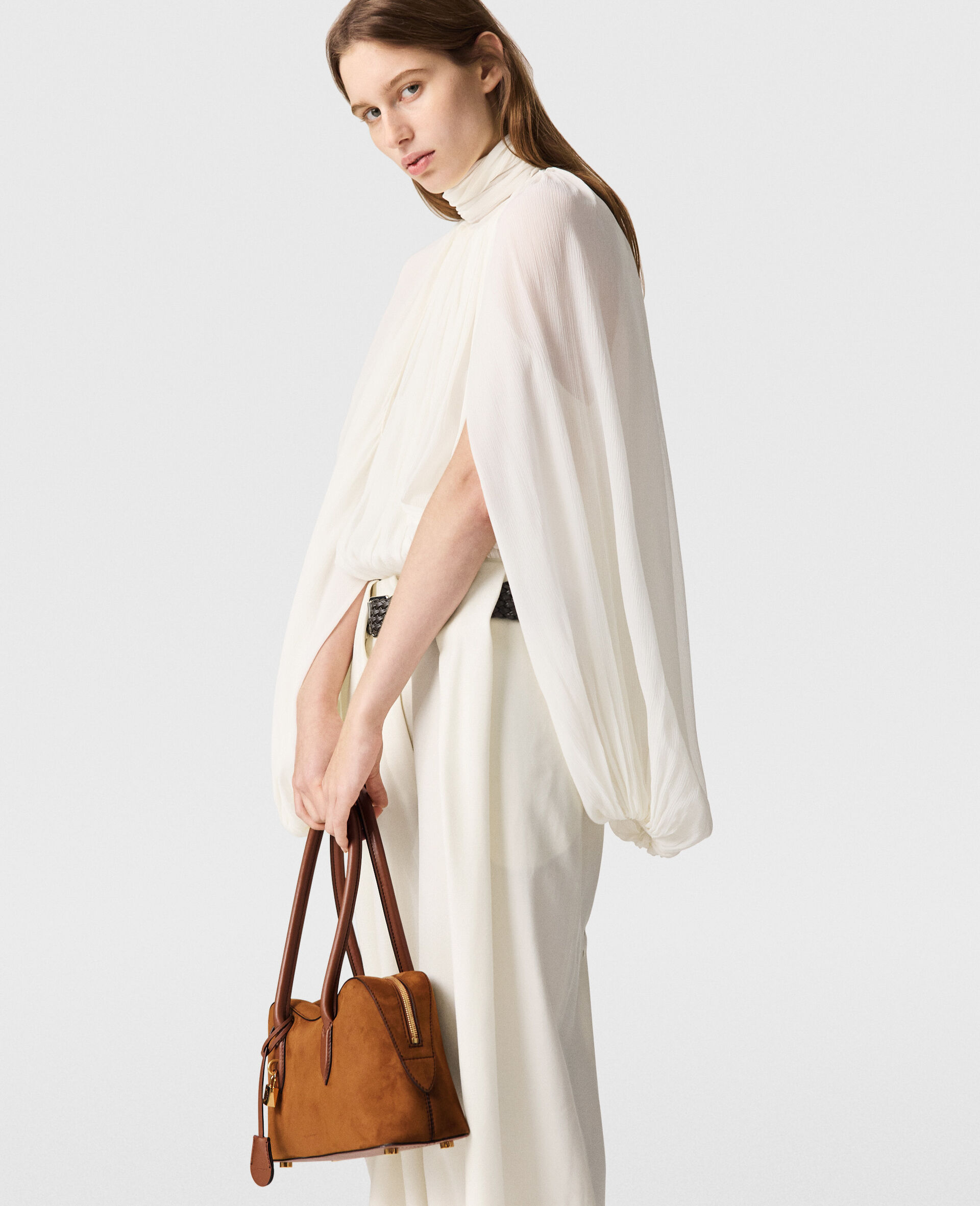 Pleated Baloon Sleeve Top-White-large image number 2