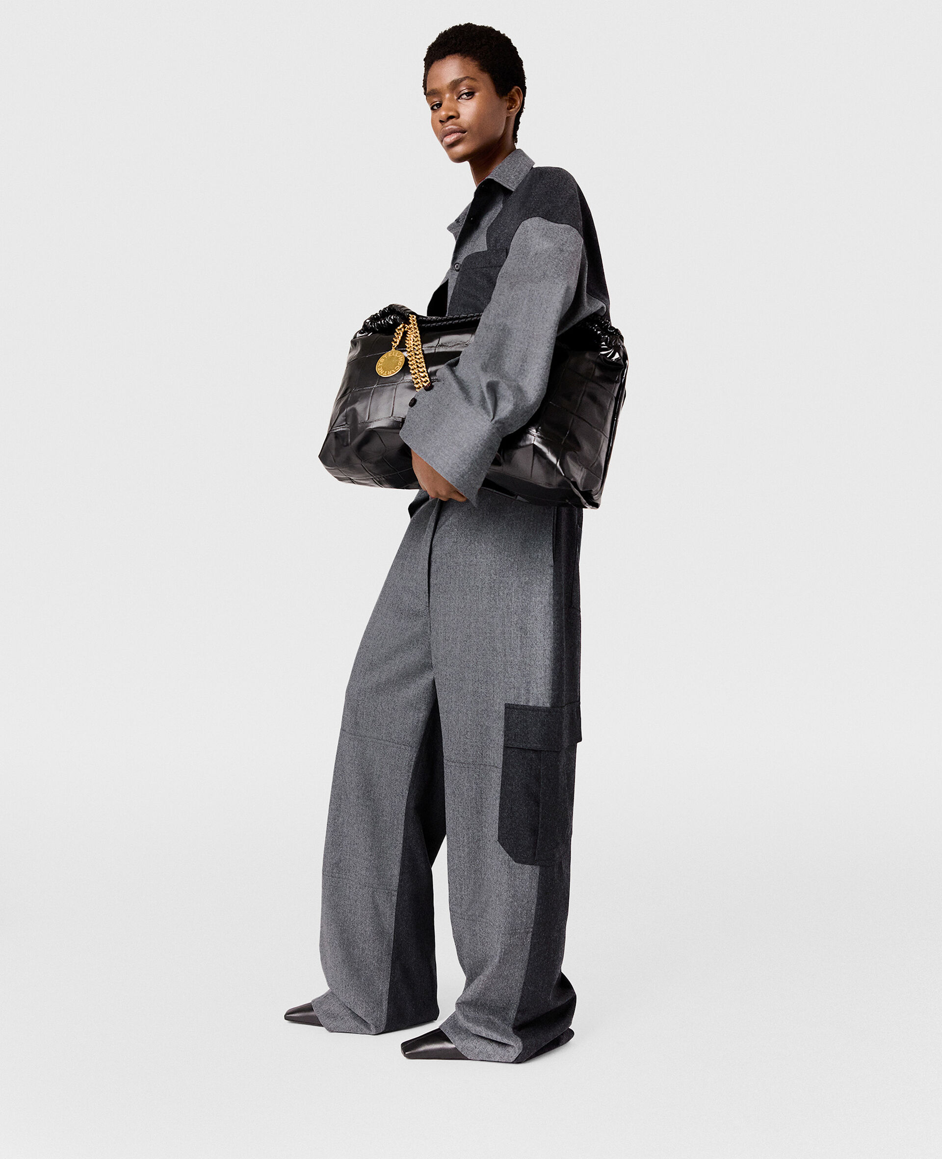 Panelled Slouchy Cargo Trousers-Grey-model