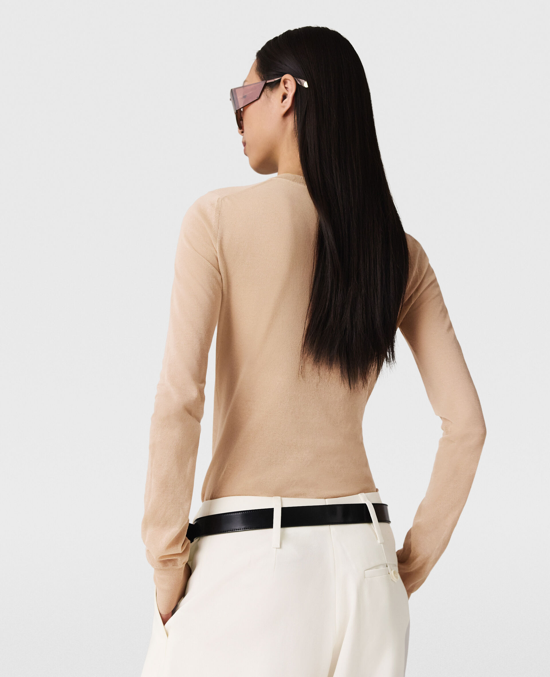 Sheer Long-Sleeve Crewneck Top-Beige-large image number 2