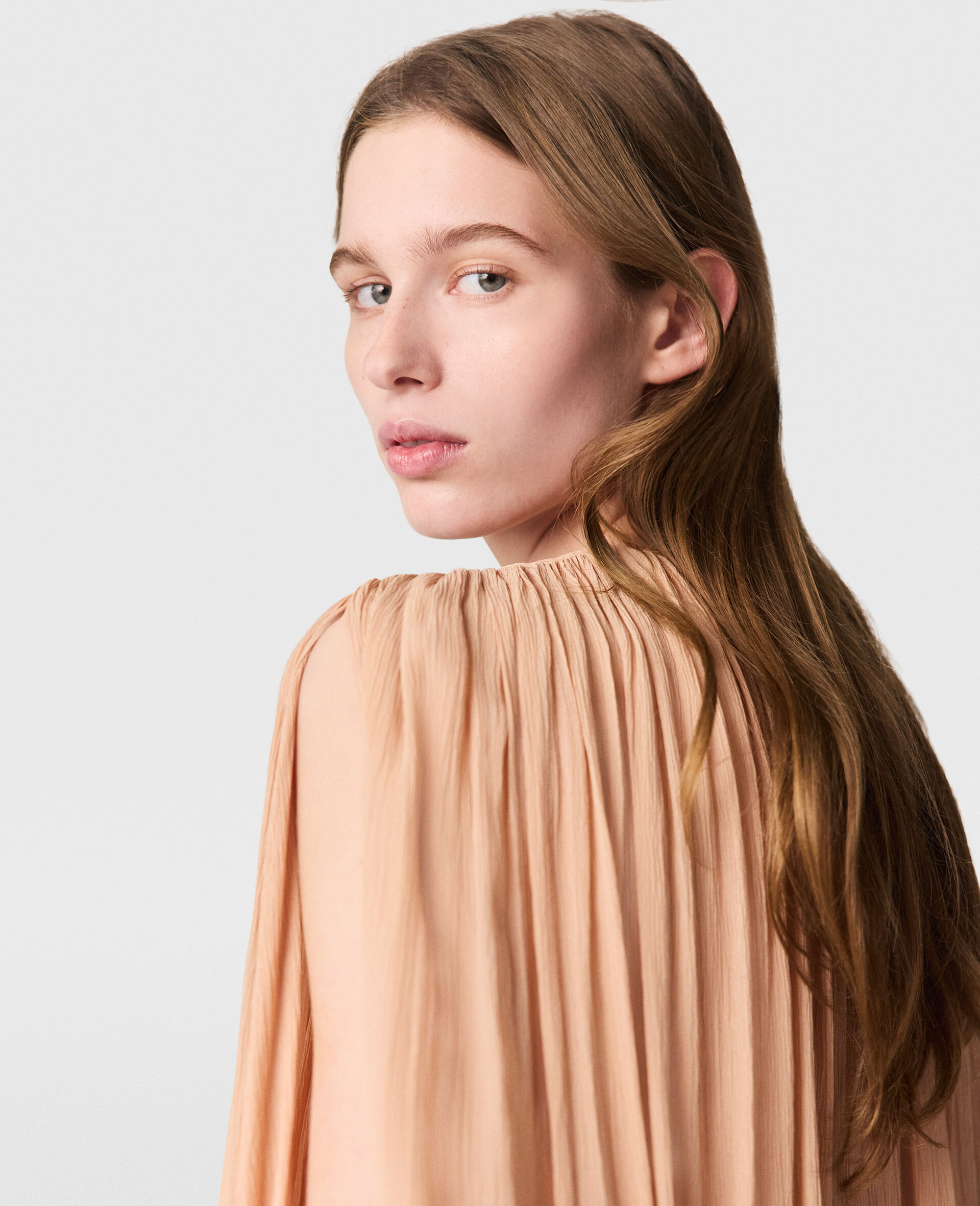 Pleated Cape-Sleeve Top-Beige-large image number 3
