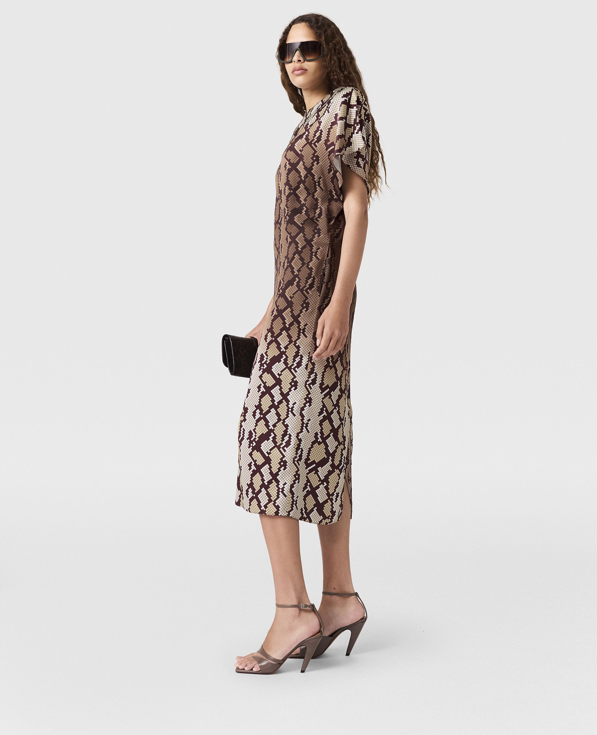 Snake Print Shoulder Pad Midi Dress-Brown-large image number 2