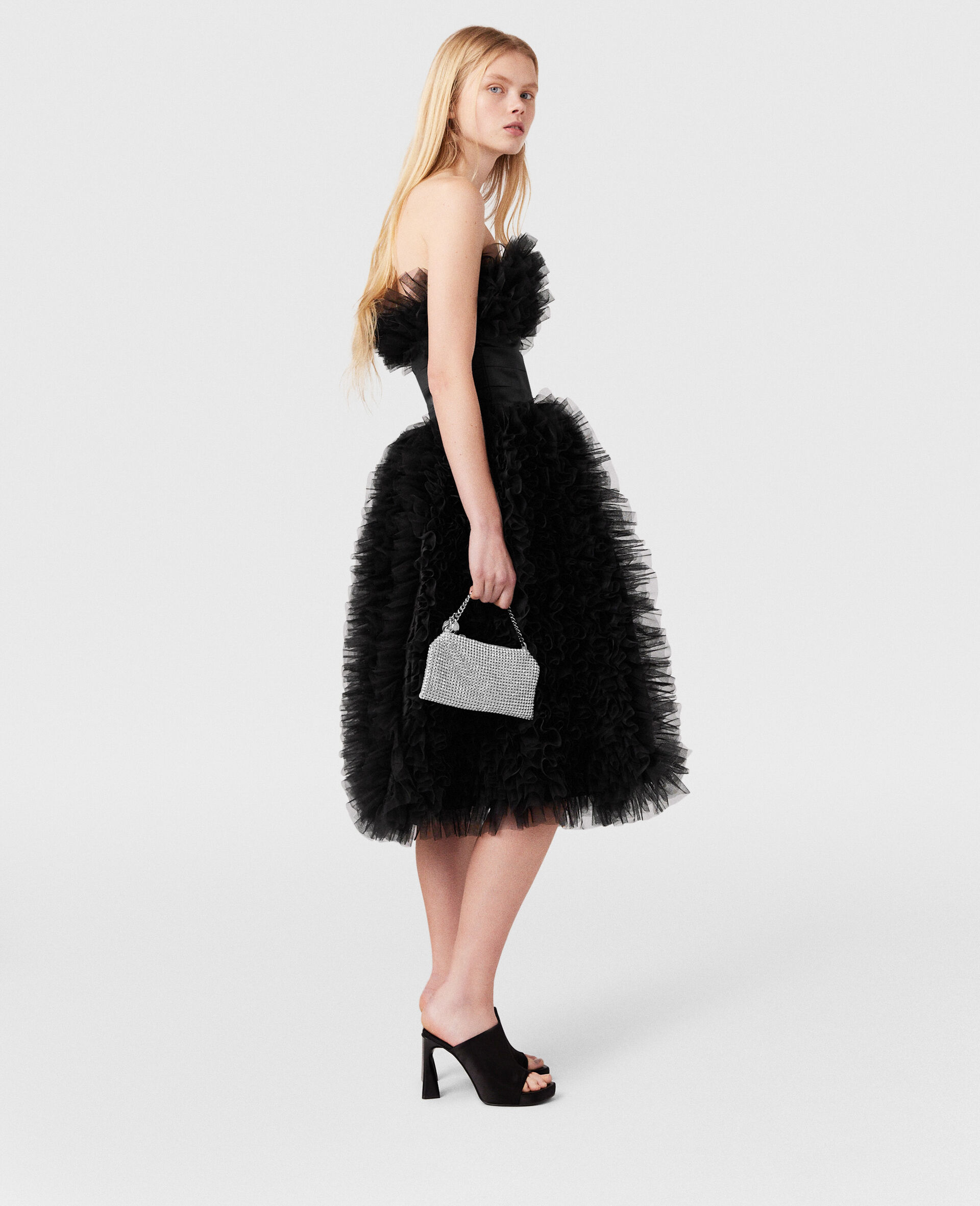 Paneled Waist Taffeta Midi Dress-Black-model