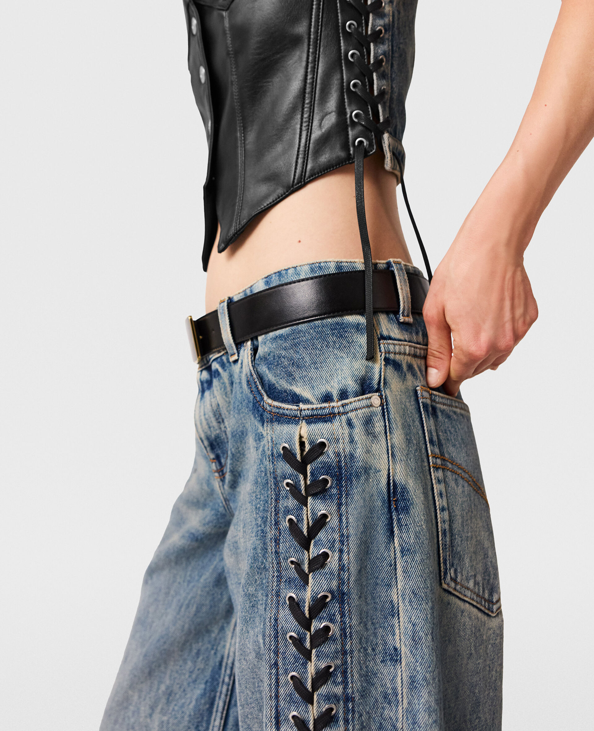 Jean large en denim à lacets -Bleu-large image number 2