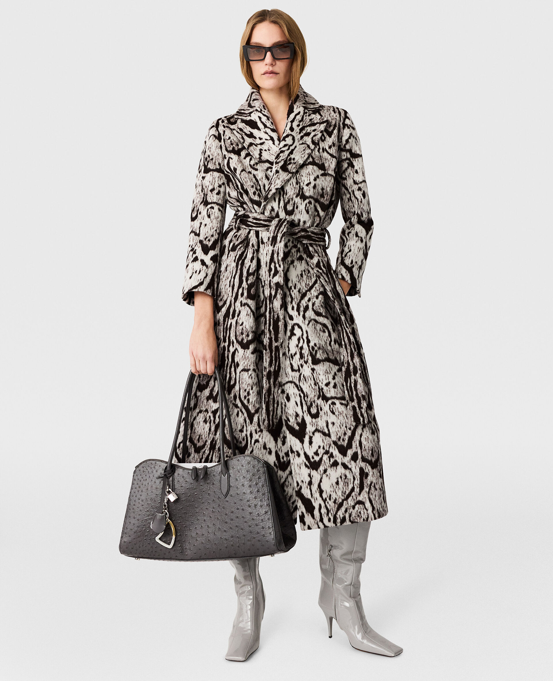 Cloud Leopard Jacquard Belted Trench Coat-Grey-medium