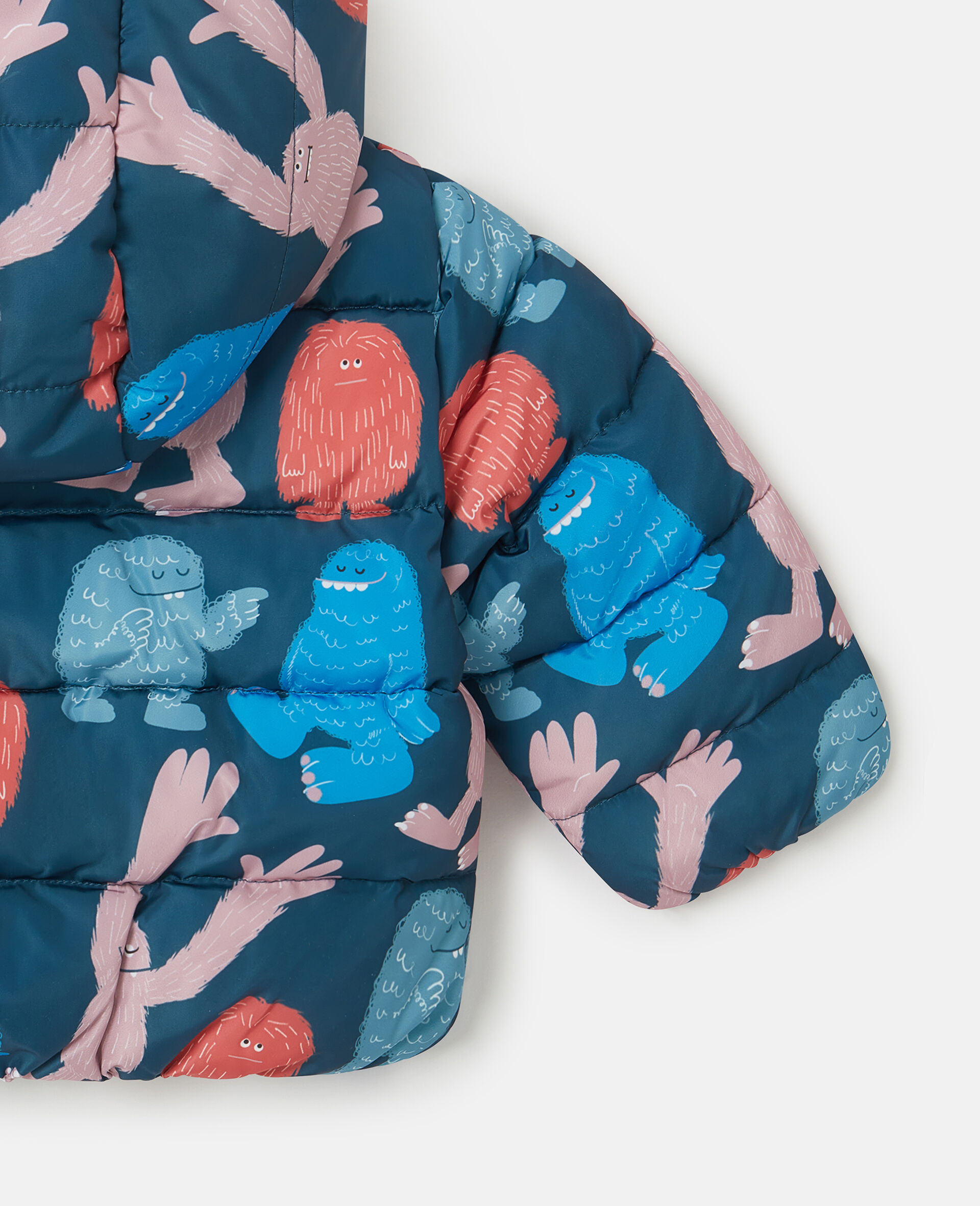 Monster Print Hooded Puffer Coat-Blue-large image number 3