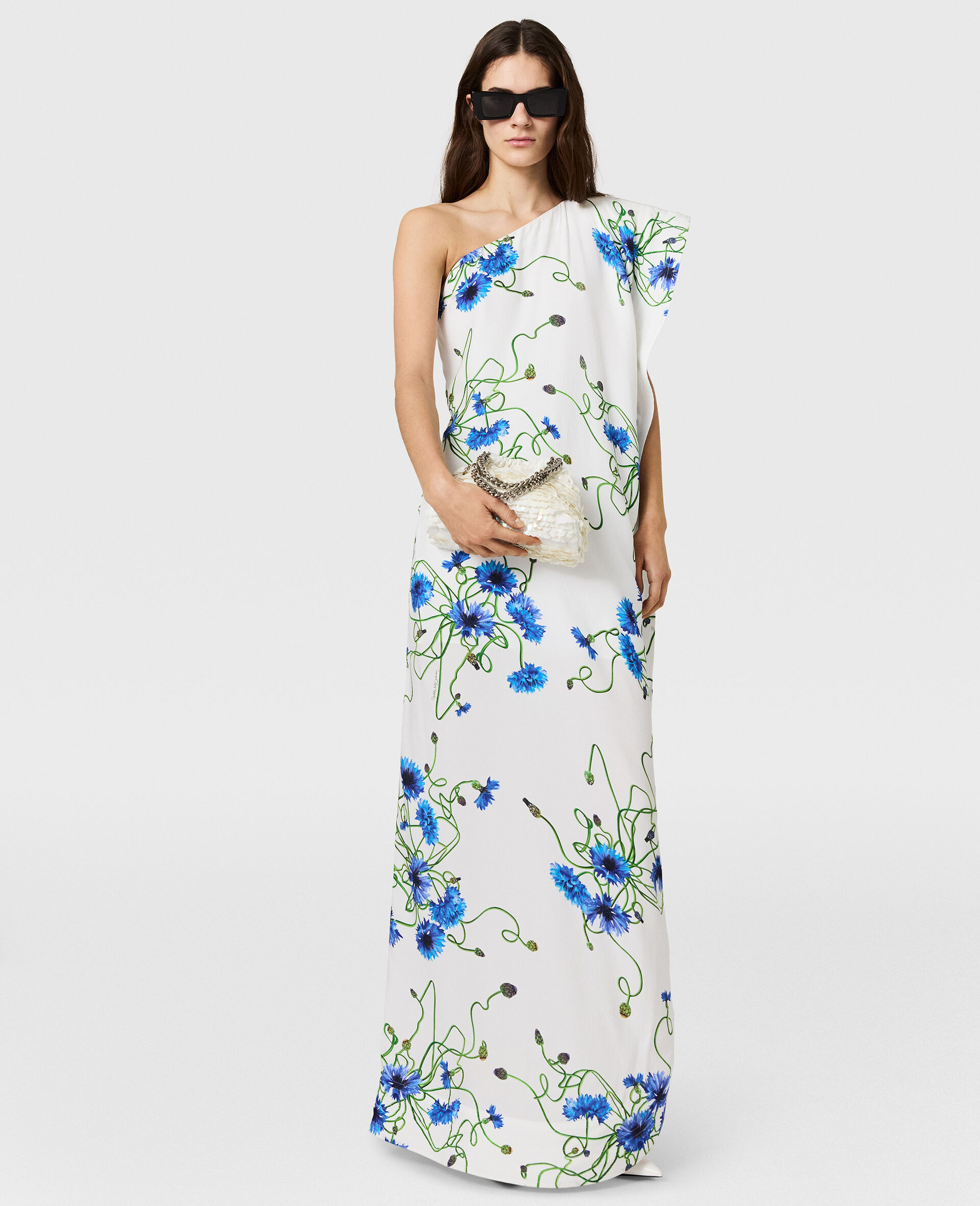 Floral Print Hammered Silk Asymmetric Cocktail Dress-White-medium