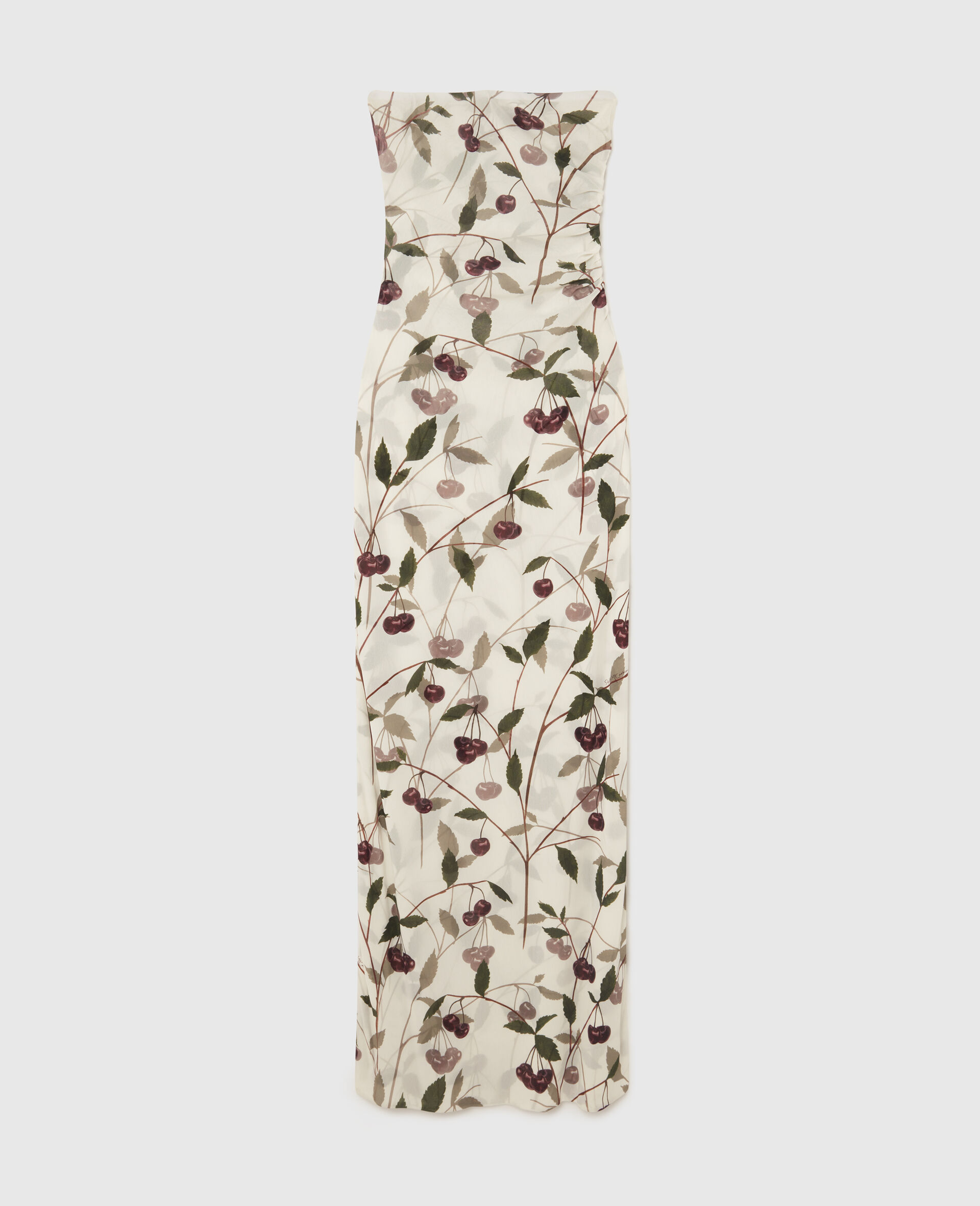 Cherry Print Mesh Strapless Midi Dress-Beige-medium