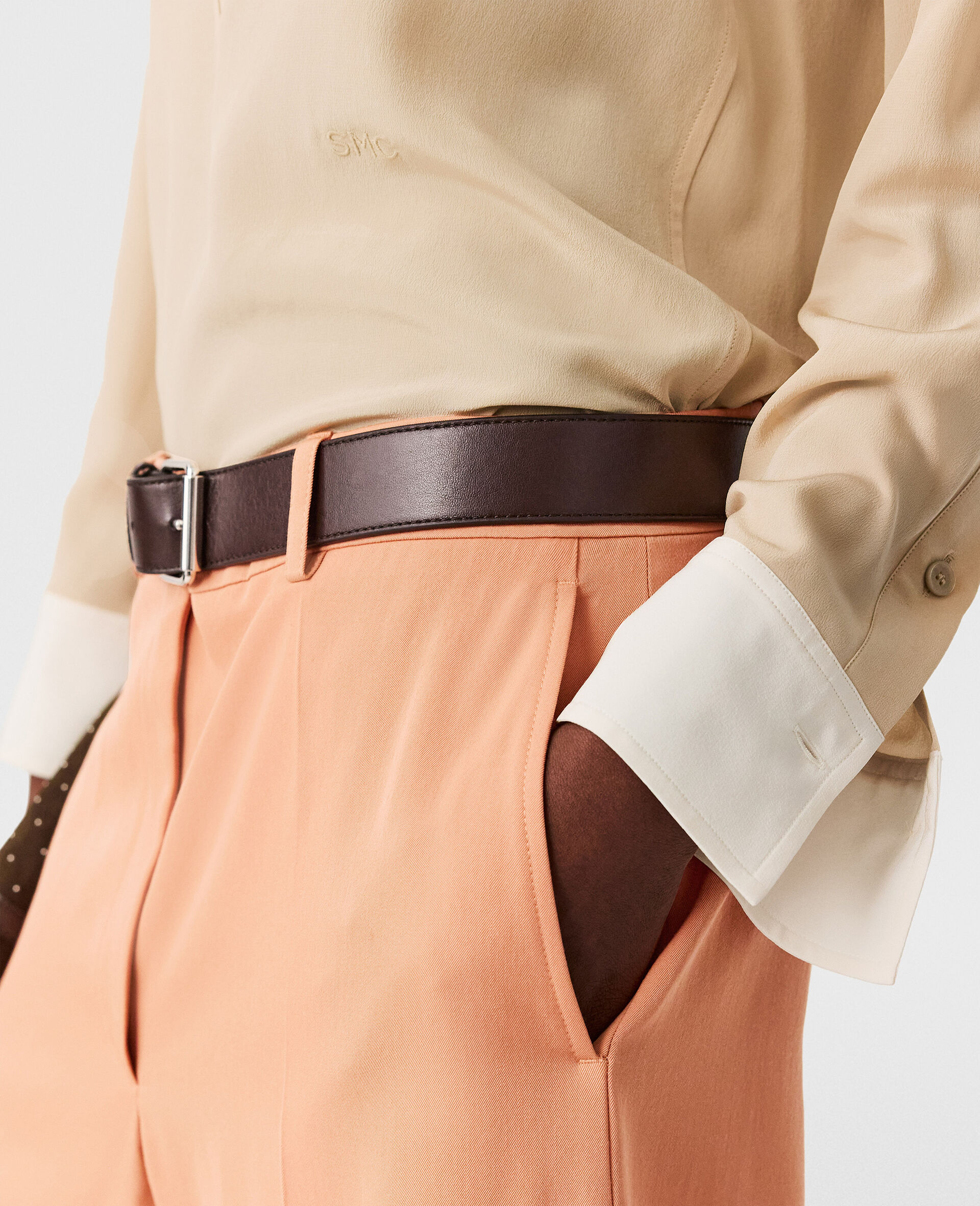 Contrast Panel Grandfather Collar Shirt-Brown-large image number 2