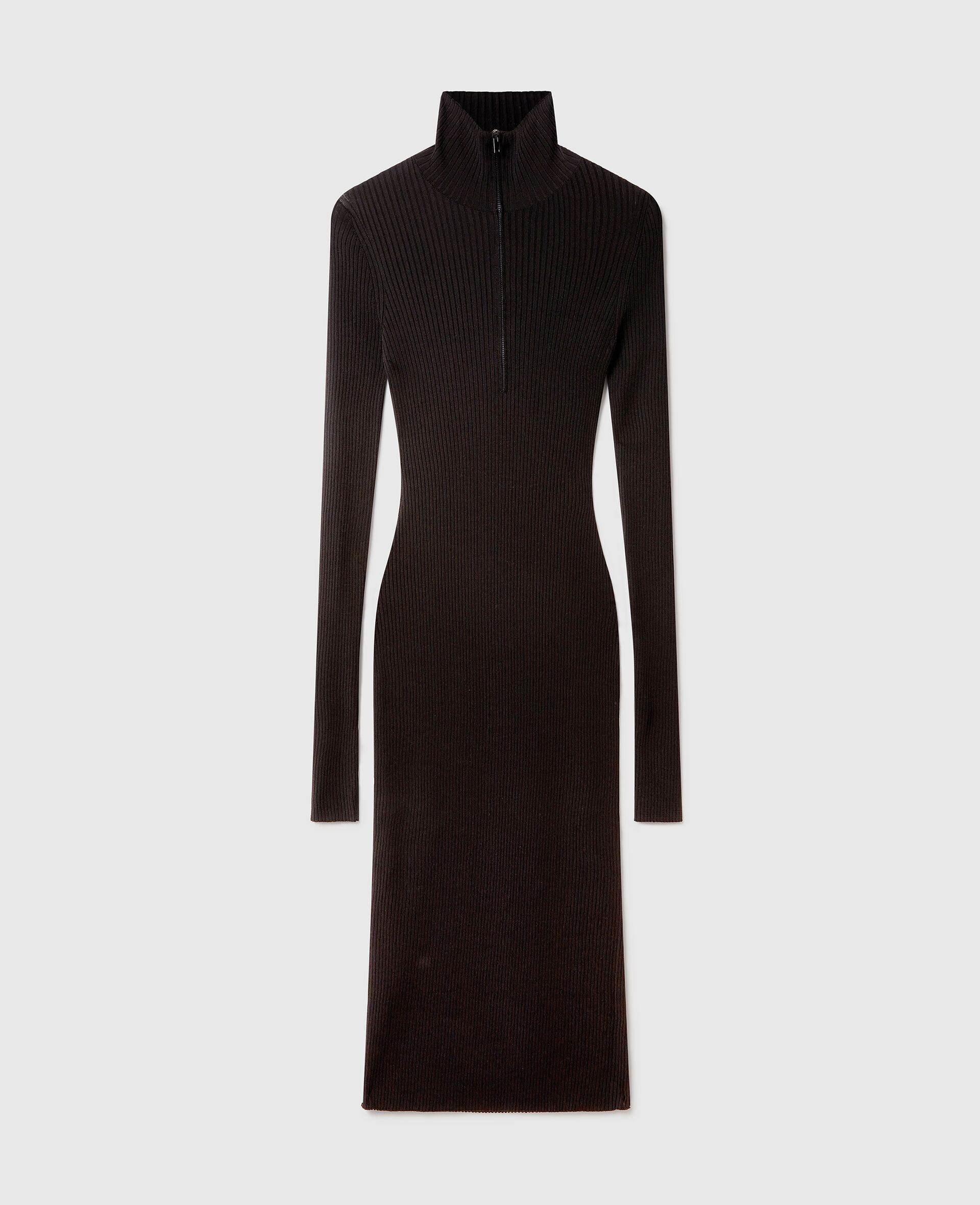 Zipper-Neck Ribbed Knit Midi Dress-Black-medium
