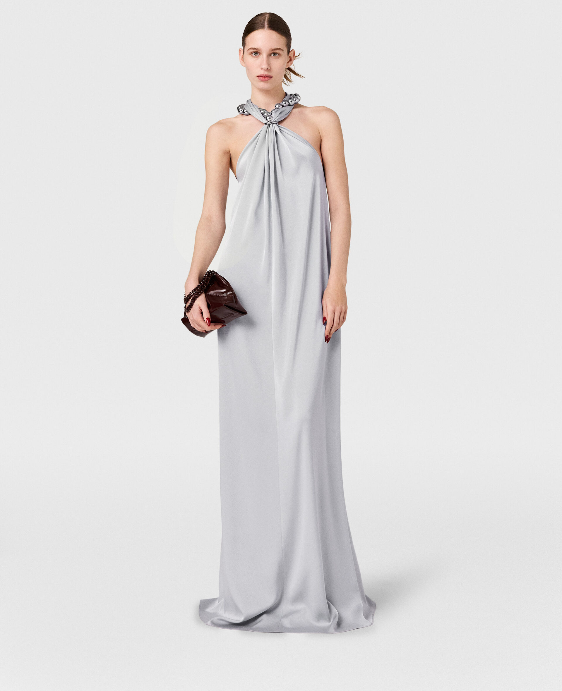 Ball-Chain Halterneck Satin Maxi Dress-Blue-model