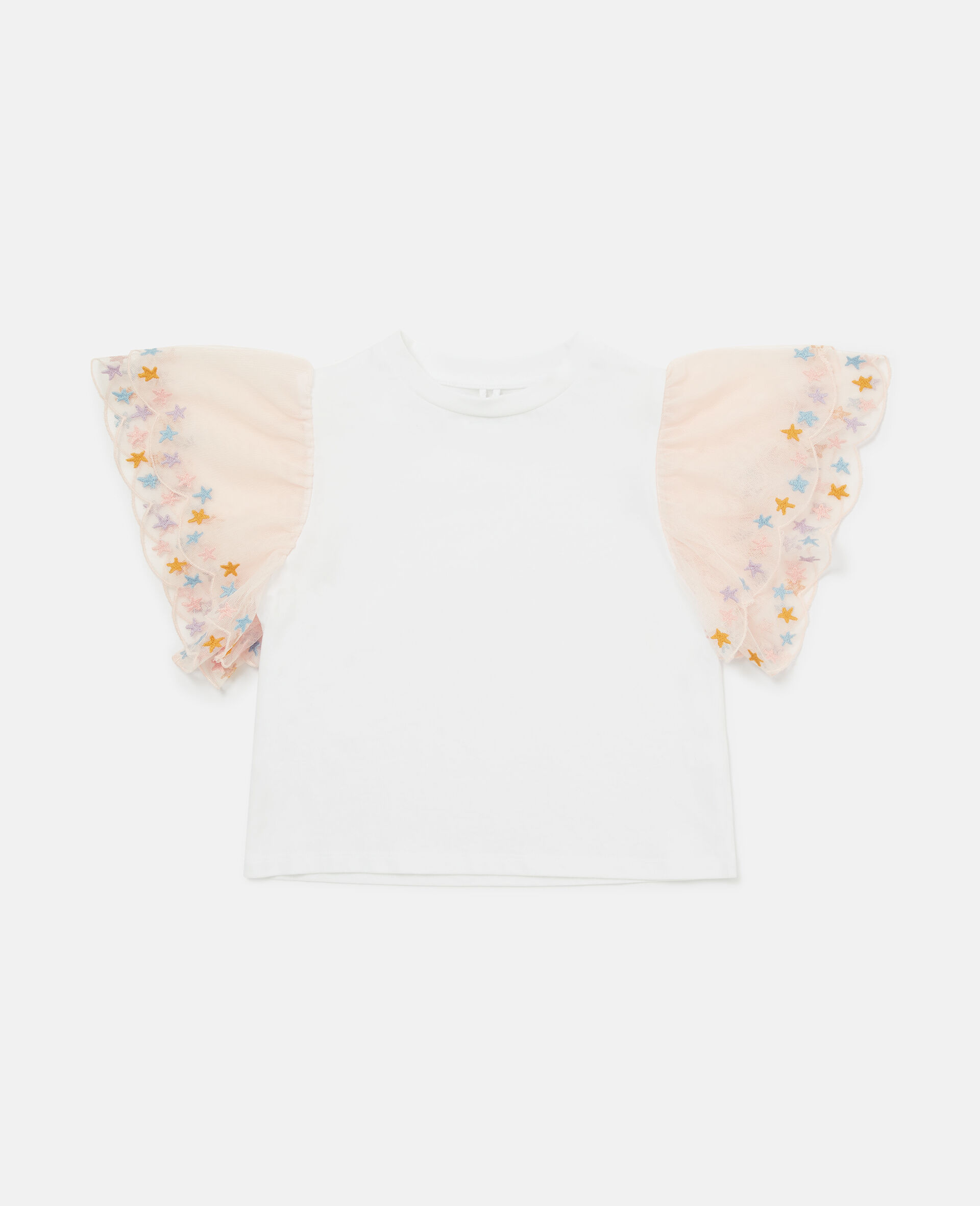 Scallop Trim Sleeve T-Shirt-White-medium