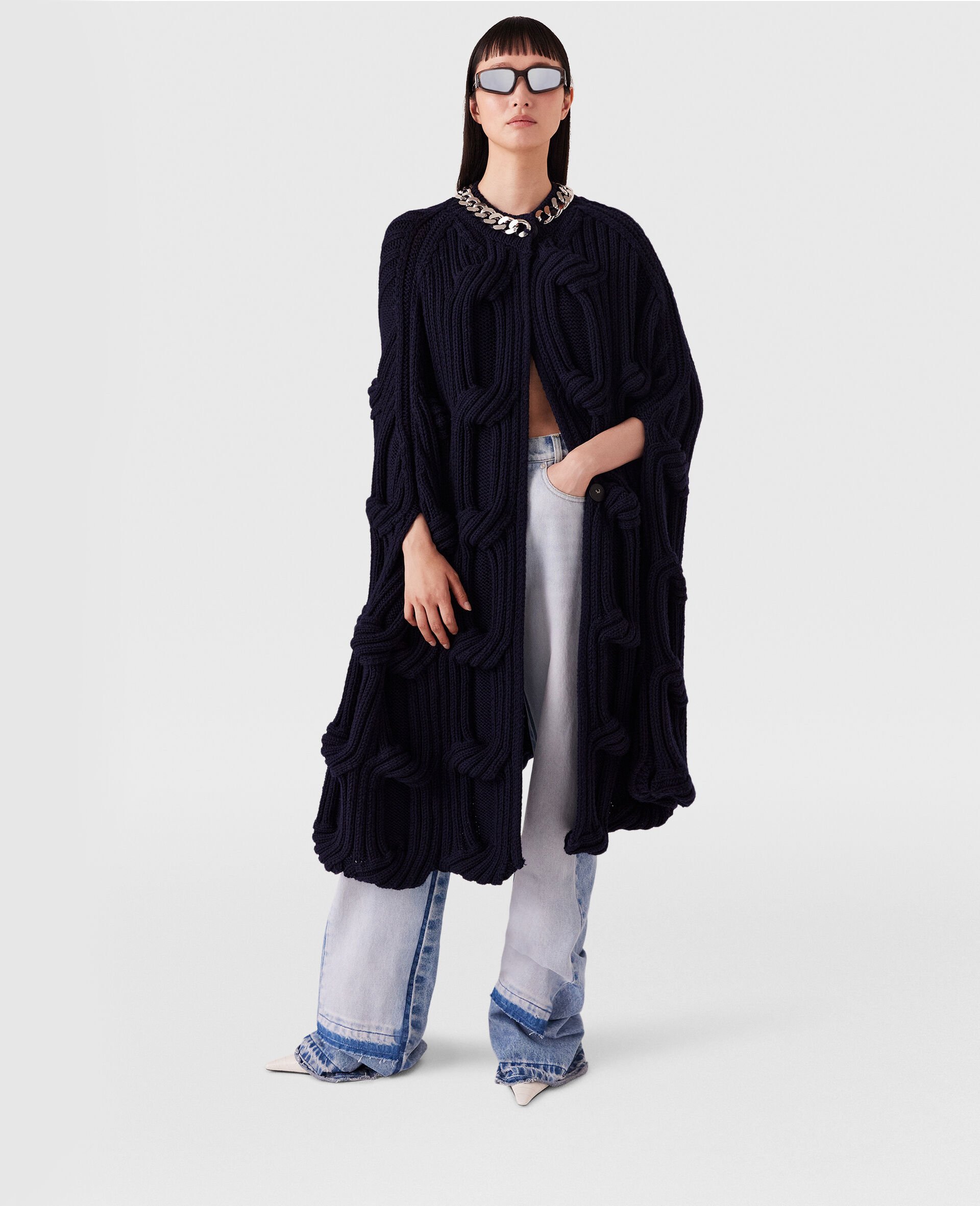 Falabella Chain Cable-Knit Cape-Blue-model Falabella Chain Cable-Knit Cape-Blue-model