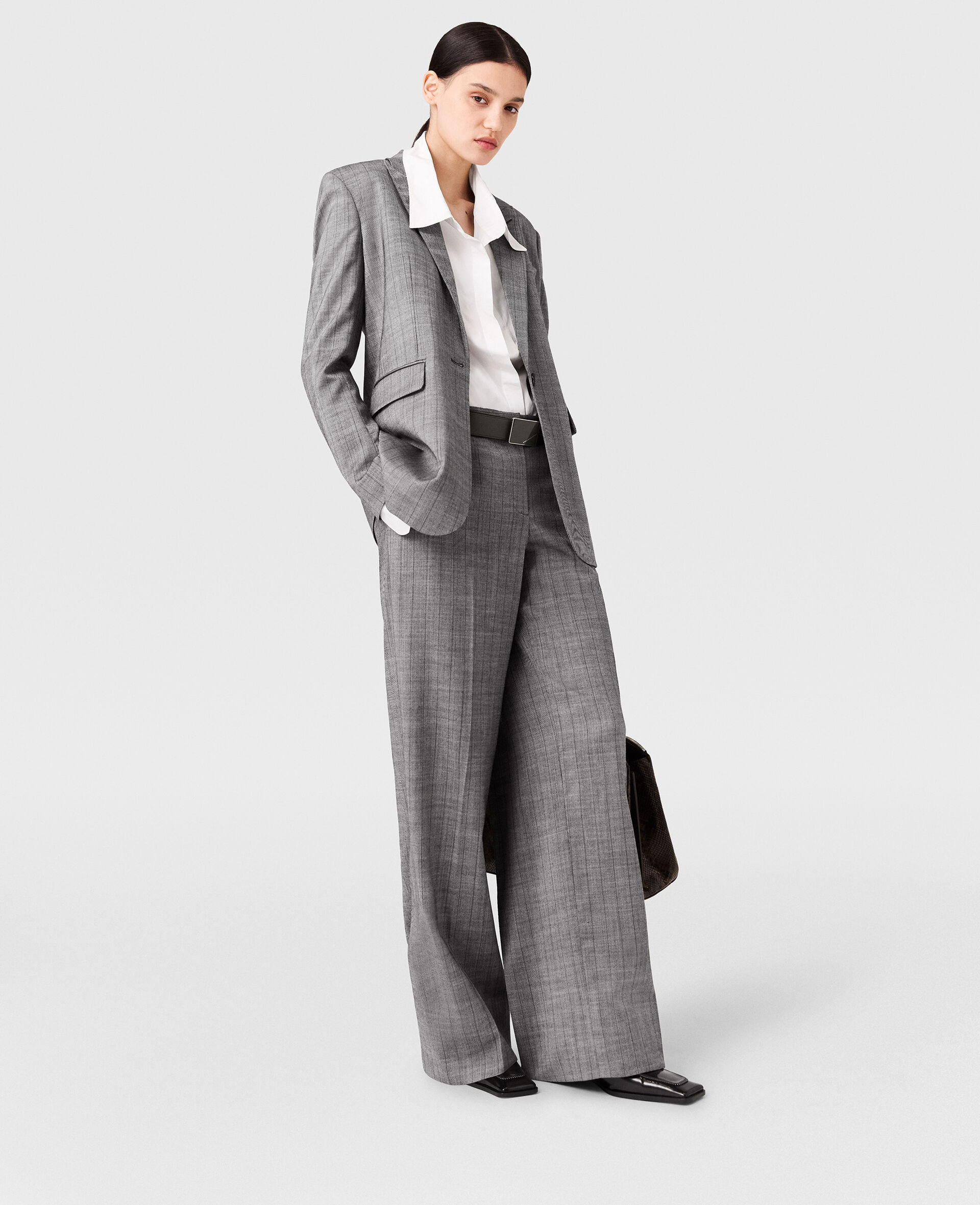 Pinstripe Pleated Straight-Leg Pants-Grey-large image number 2
