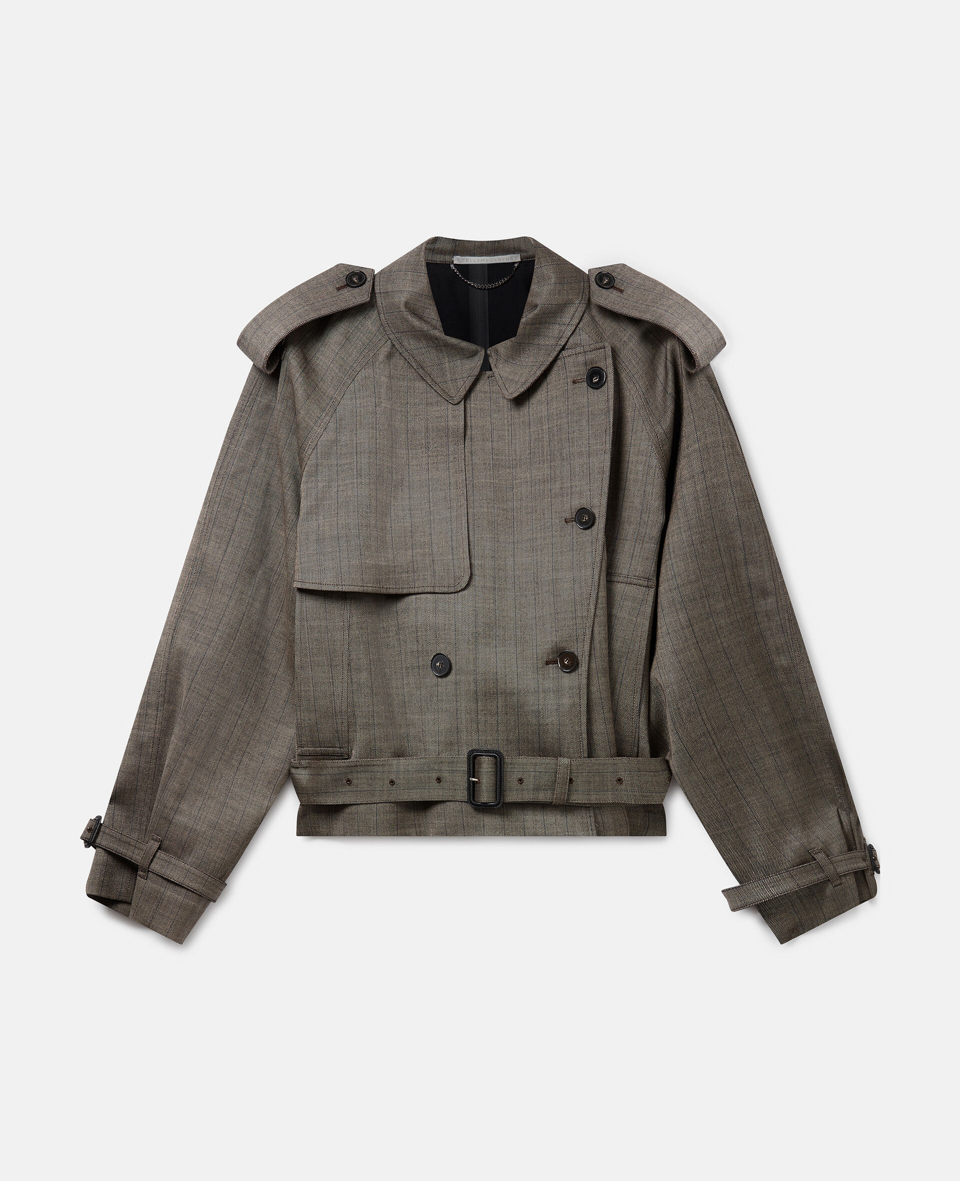 Cropped Pinstripe Wool Trench Jacket -Grey-large image number 0