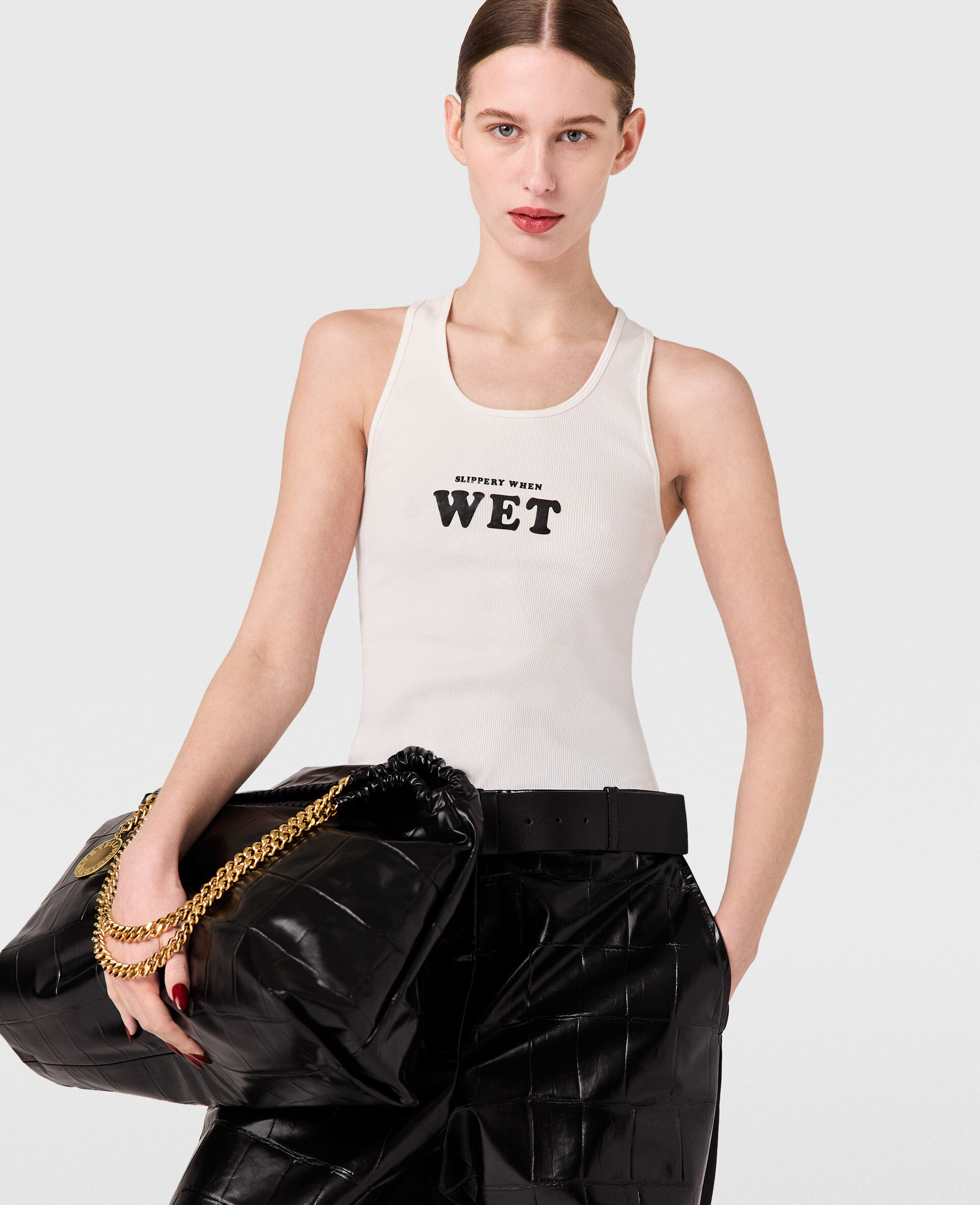 Slippery When Wet Racerback Tank Top-White-model