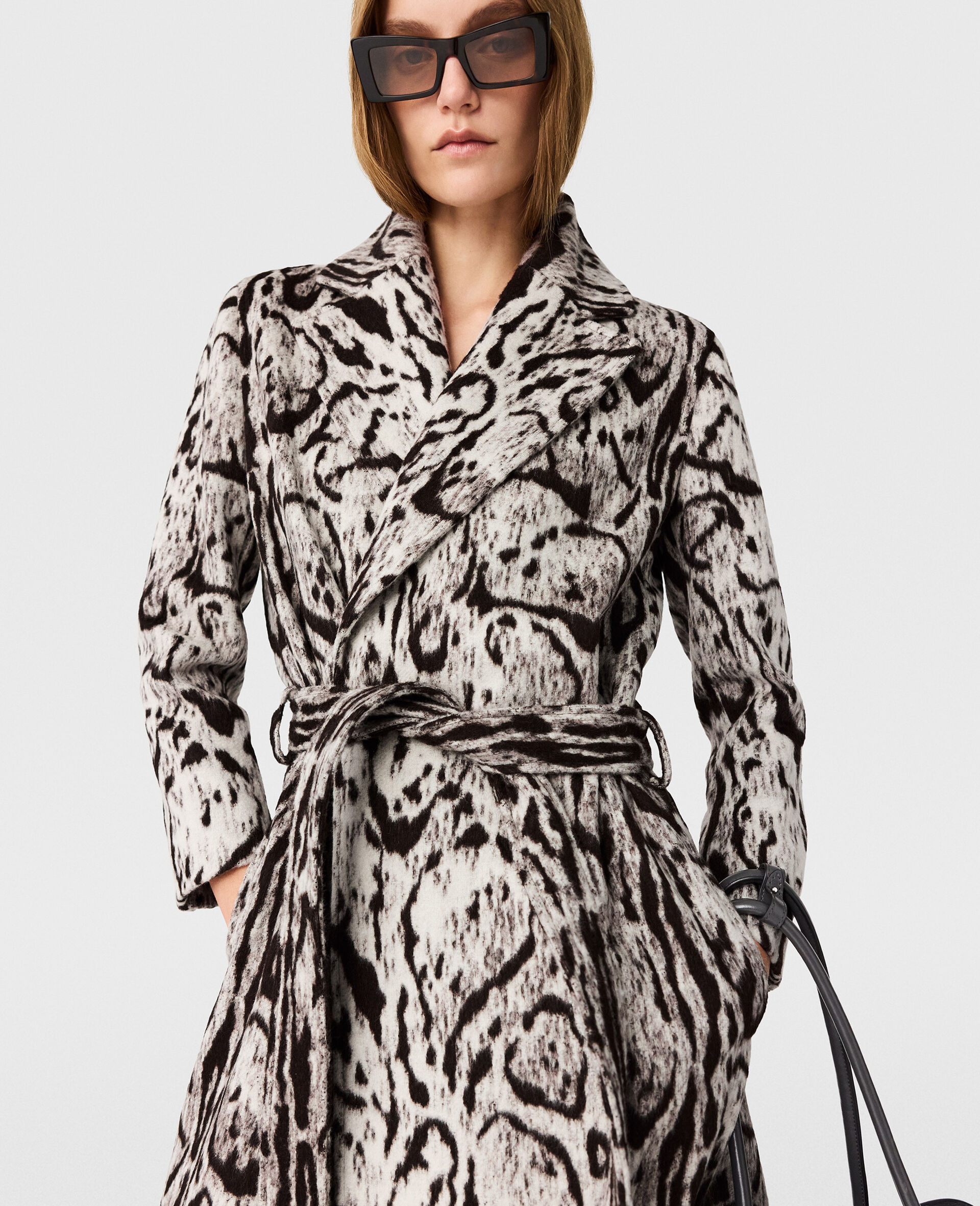 Cloud Leopard Jacquard Belted Trench Coat-Grey-large image number 5