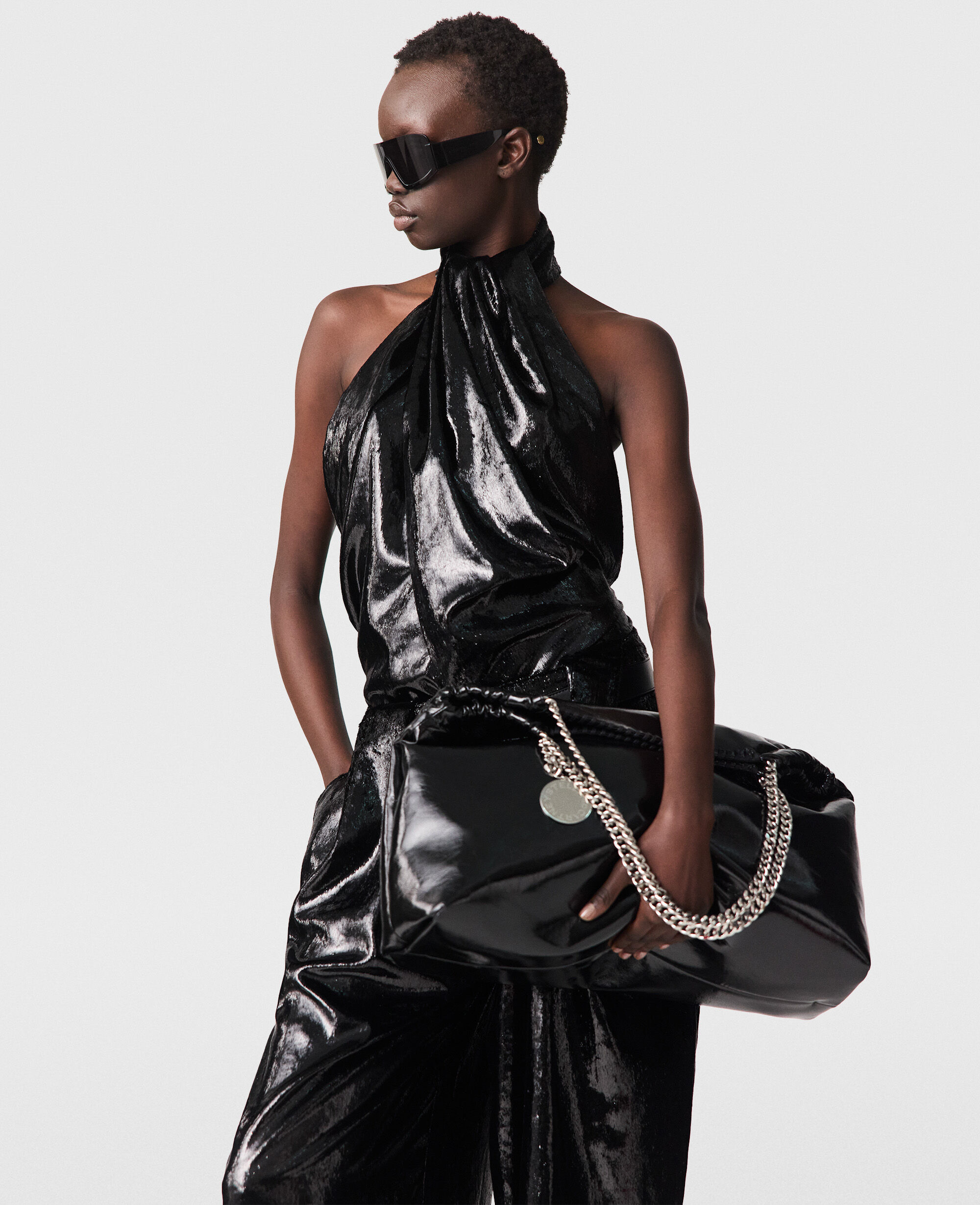 Women Black Halterneck Panel Velvet Top | Stella McCartney QA