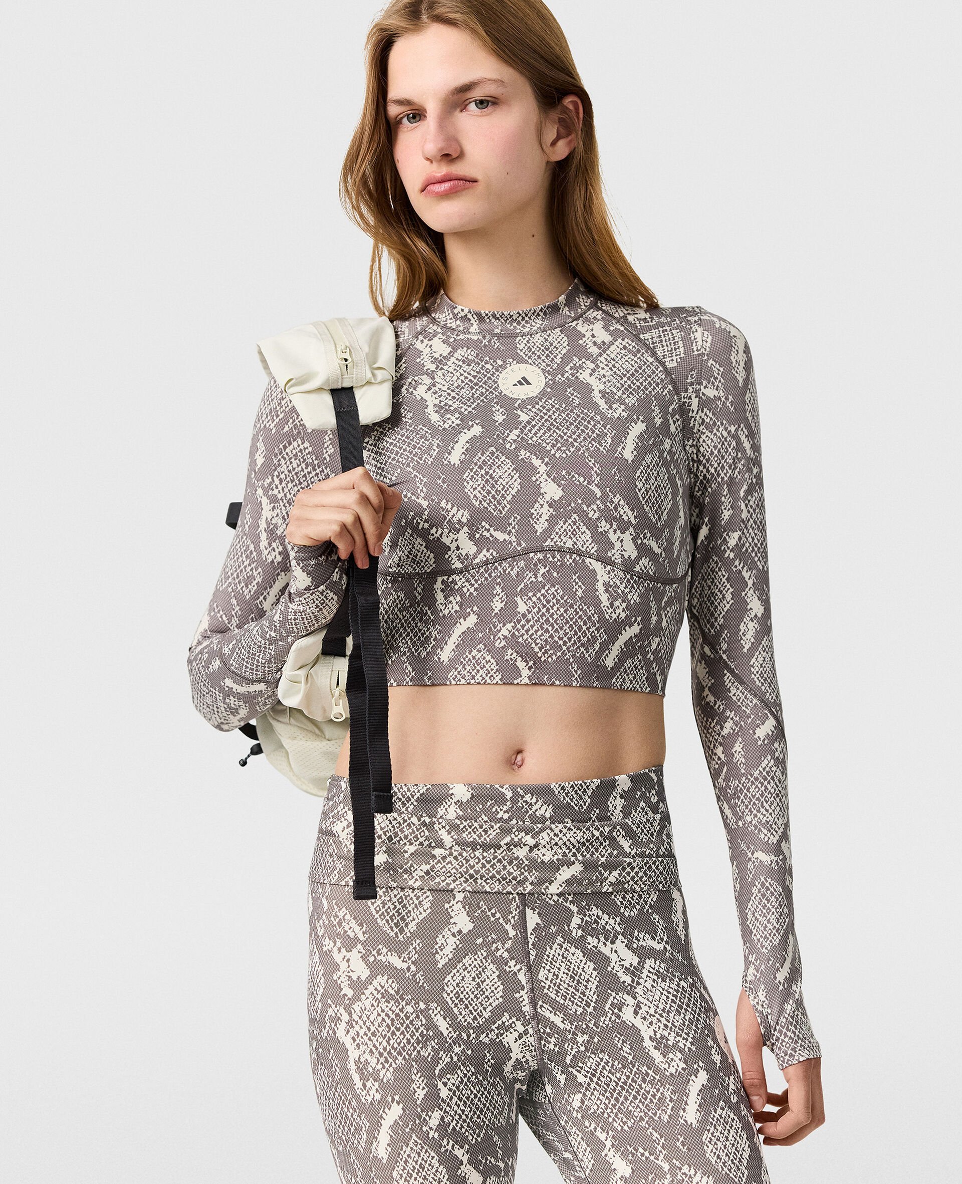 TruePurpose Training Snake Print Long-Sleeve Cropped Top-Beige-model