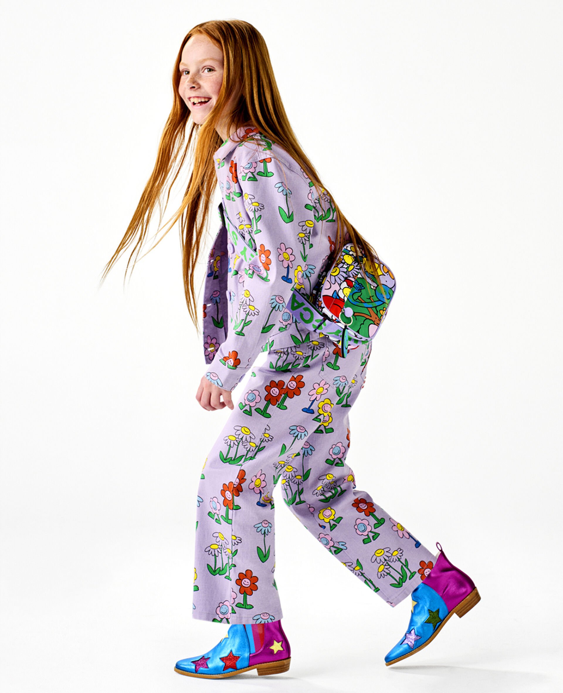 Flower Print Straight-Leg Denim Jeans-Purple-model