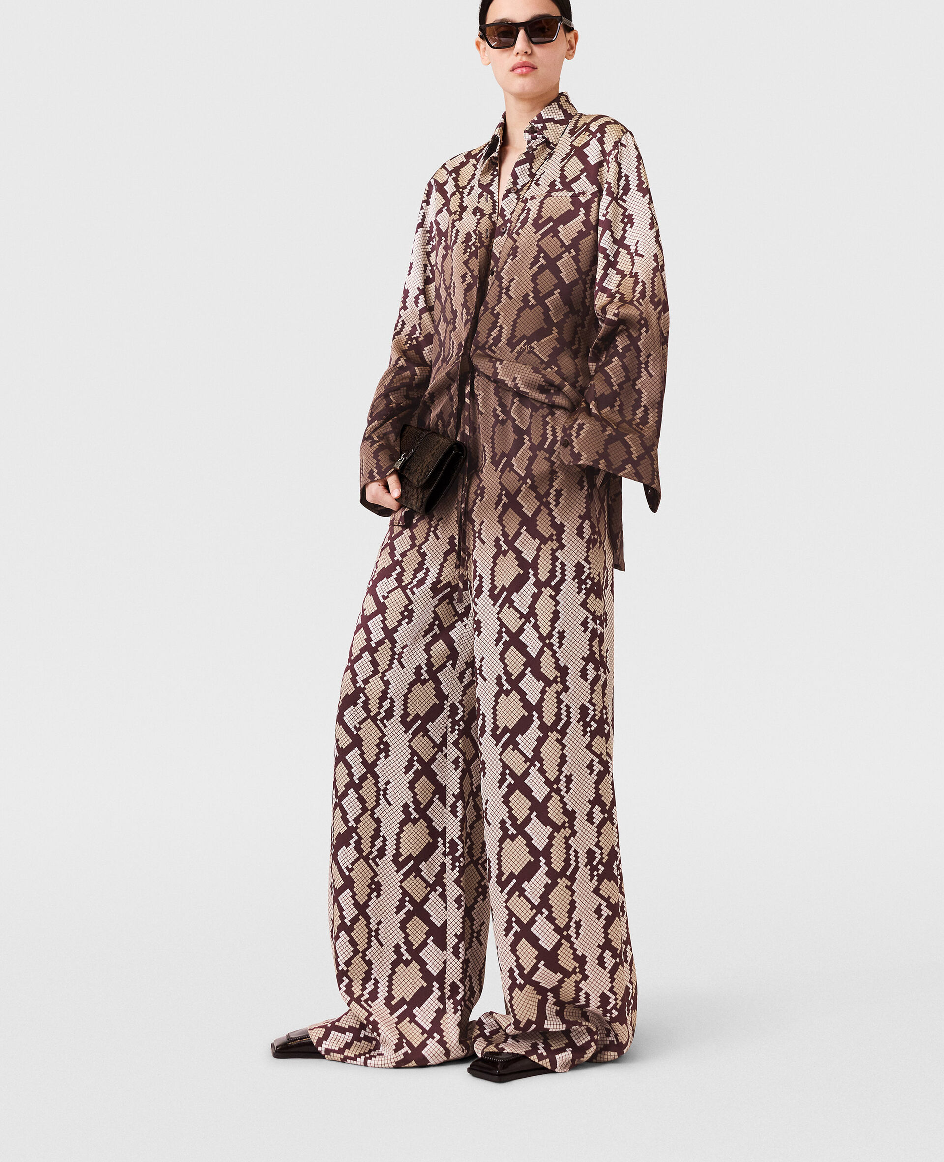 Snake Print Oversized Drawstring Pants-Brown-model