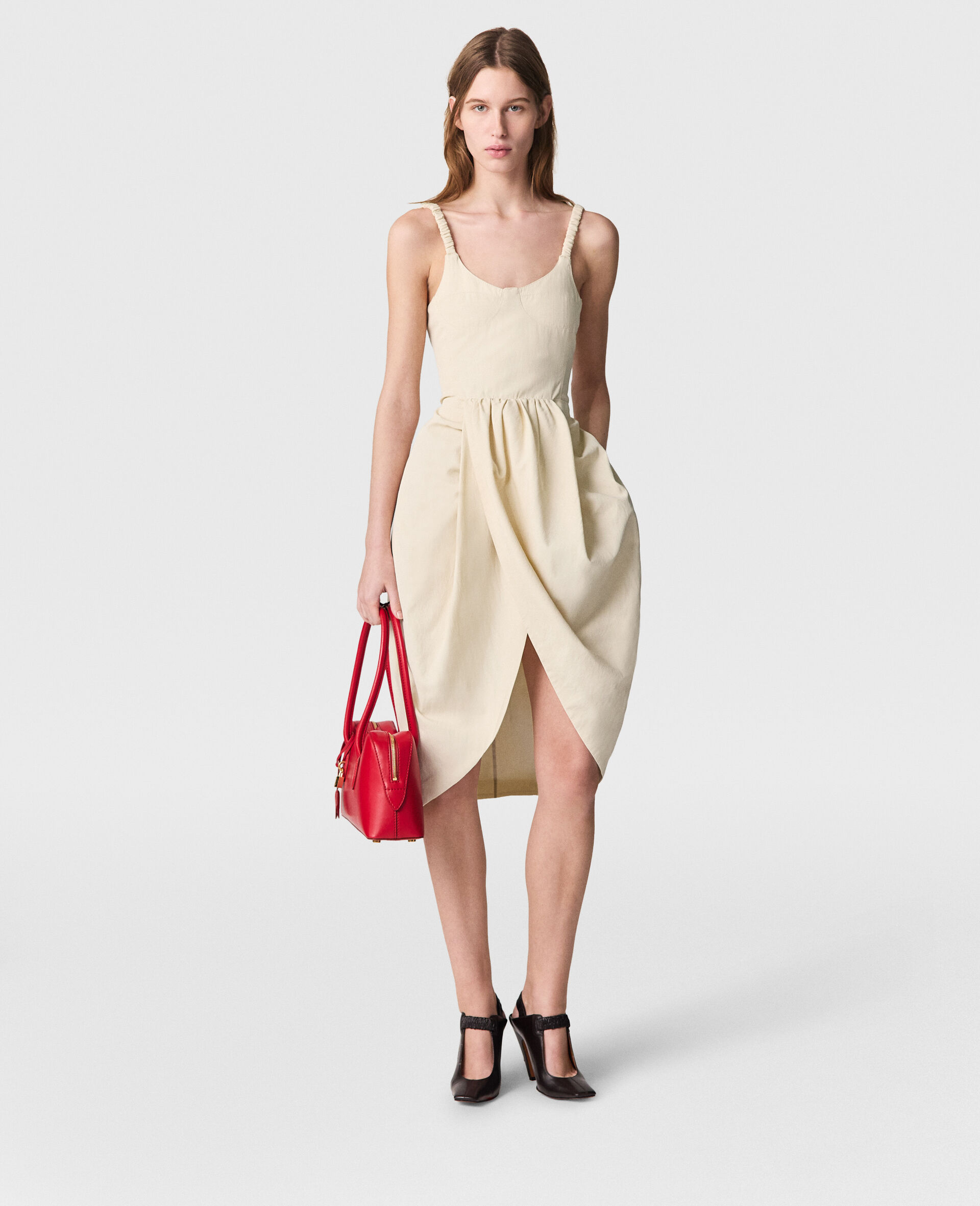 Ruched Strap Pleated Skirt Midi Dress-Beige-model