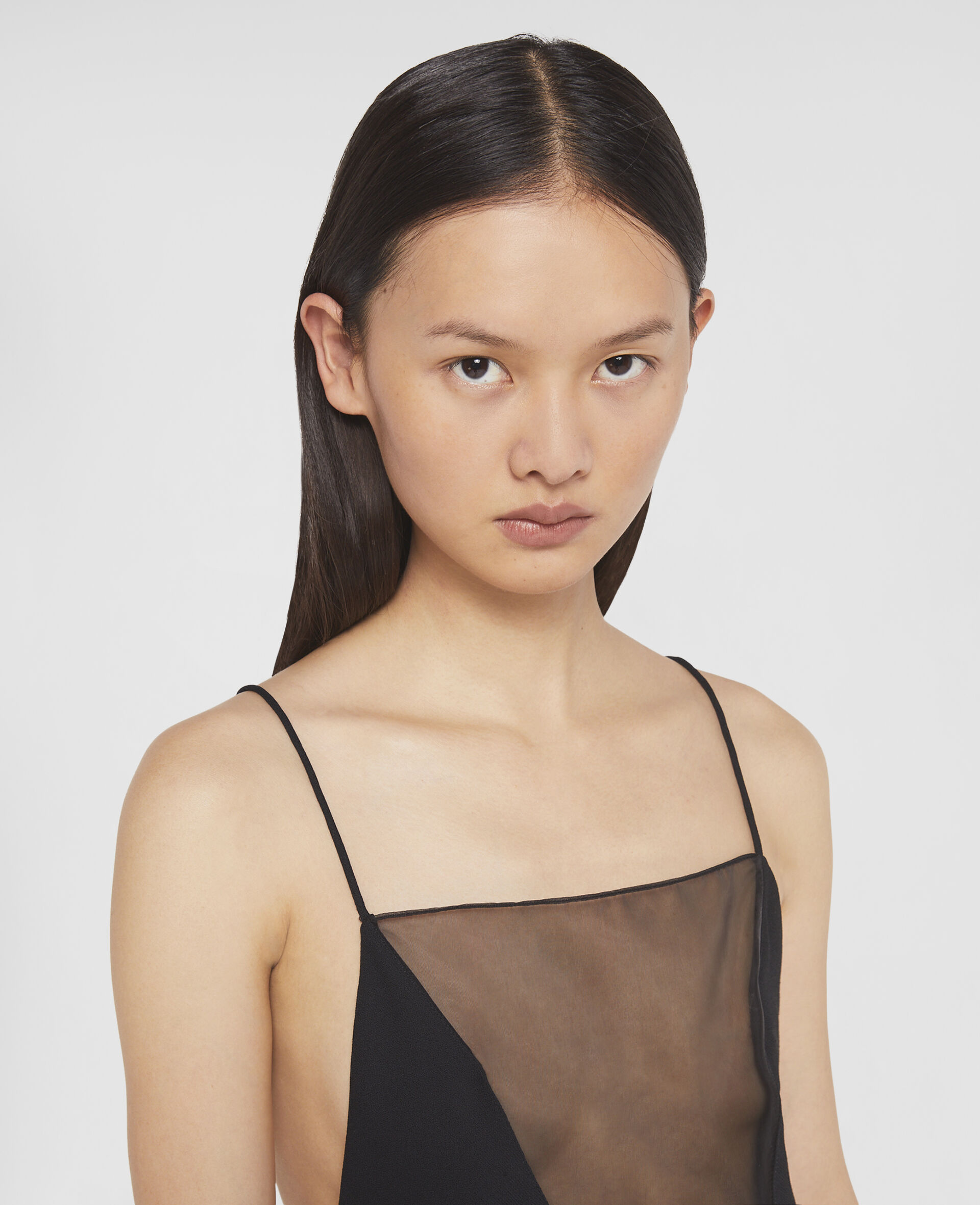 V Mesh Compact Crepe Slip Dress-Black-large image number 3