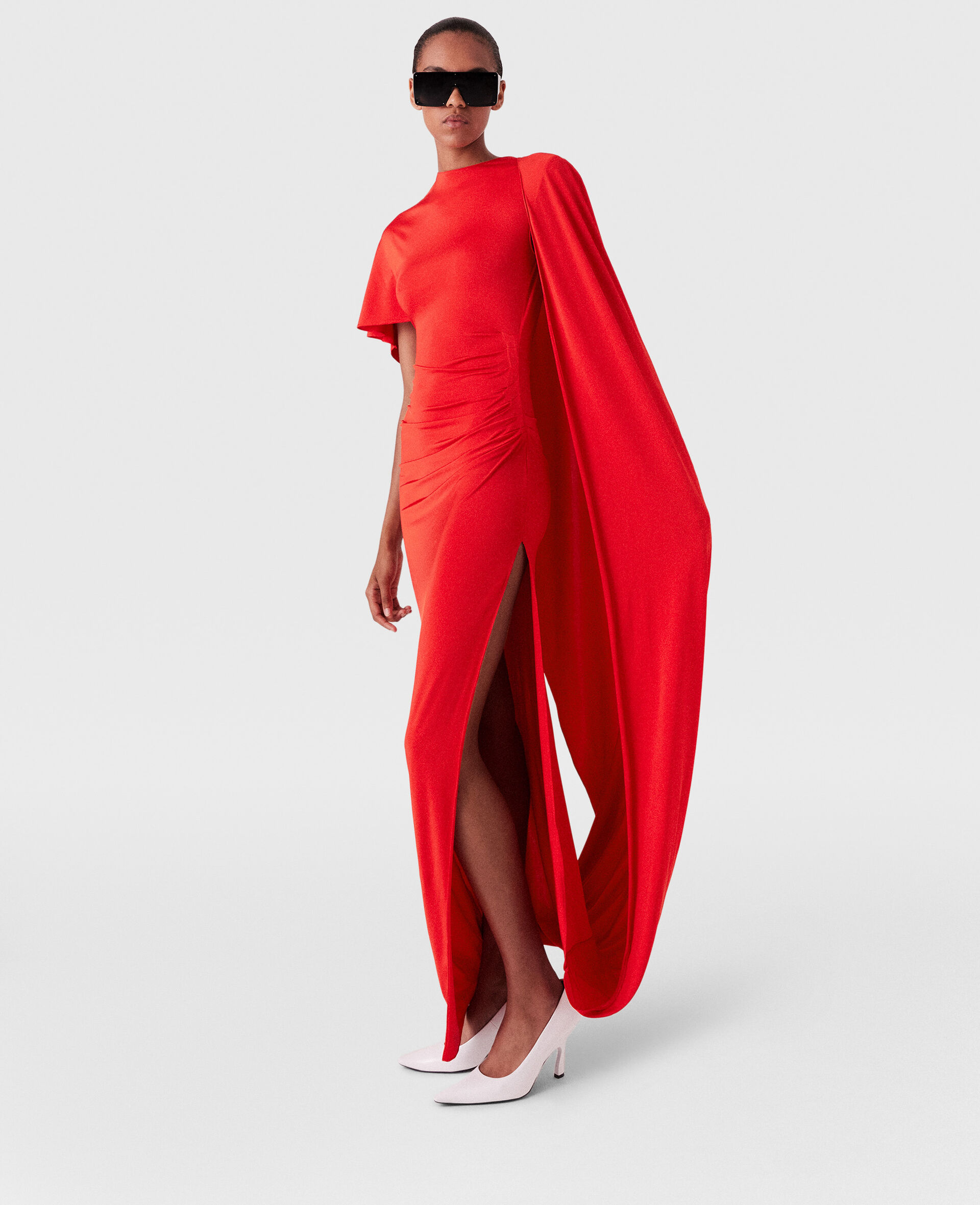 Asymmetric Cape Maxi Dress-Red-medium