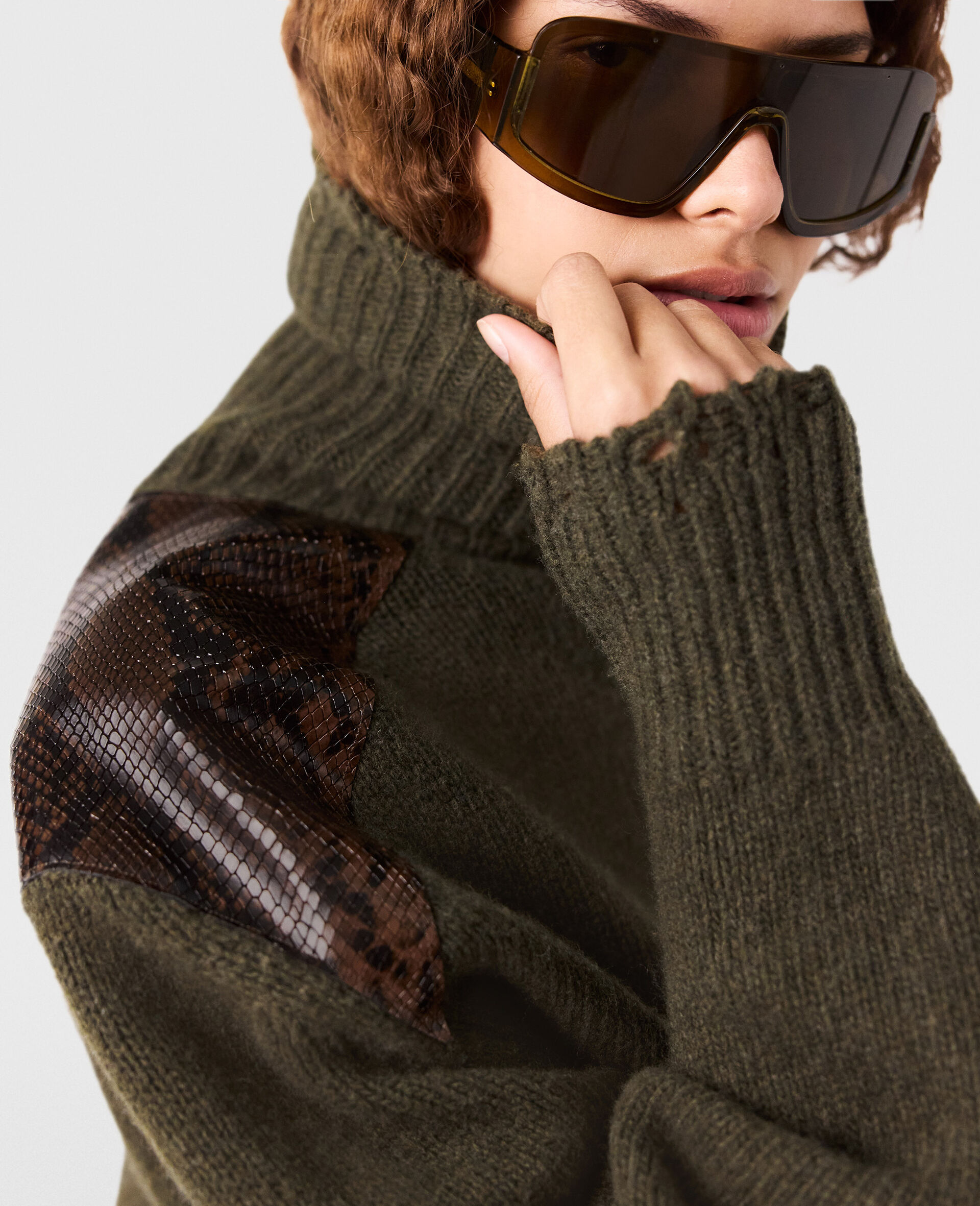 Snake Panel Turtleneck Jumper-Green-large image number 3