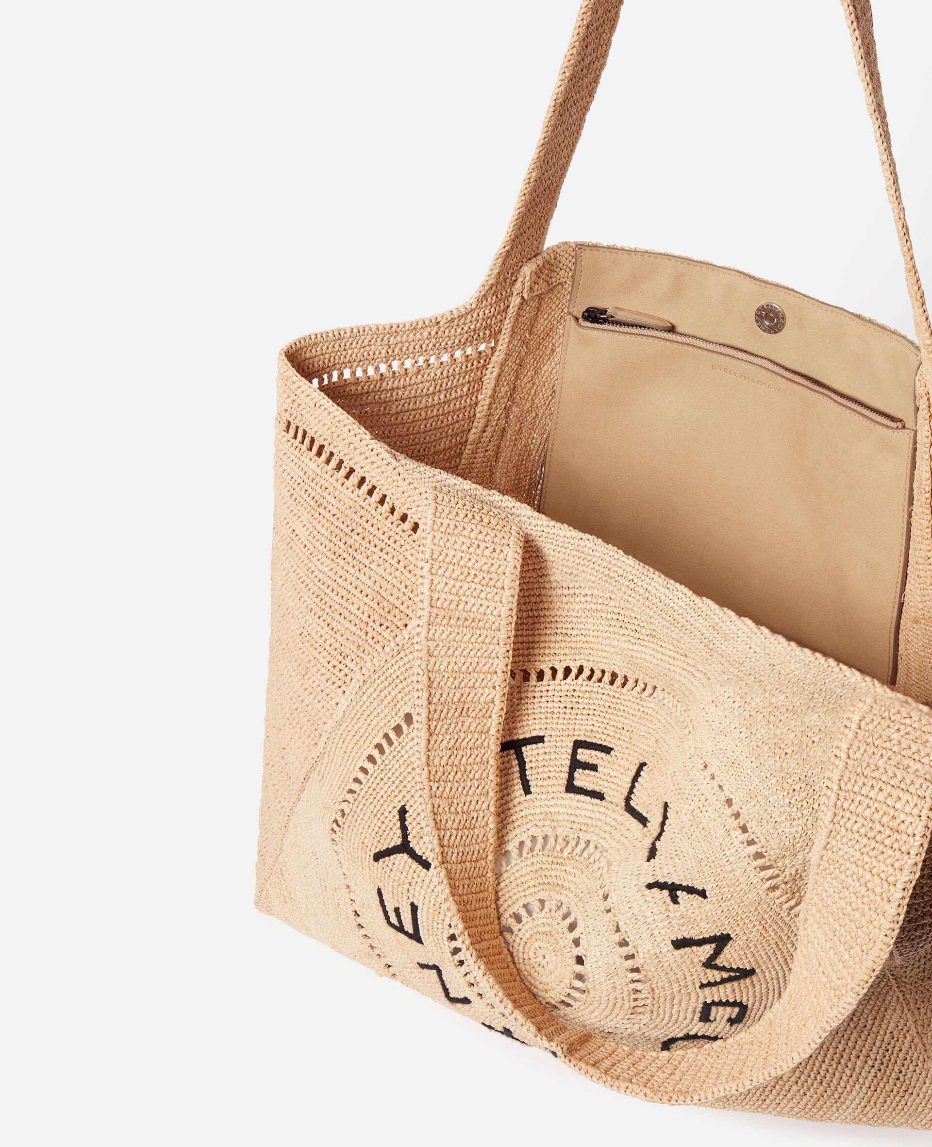 Logo大号钩织酒椰叶纤维托特包-米色-large image number 3