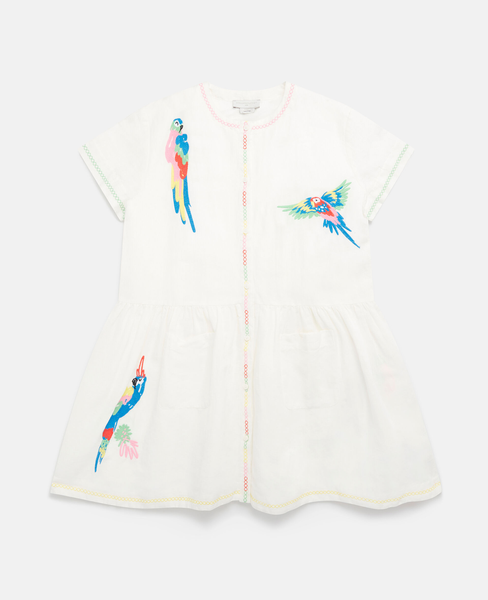 Parrot Embroidery Linen Dress-White-large image number 0