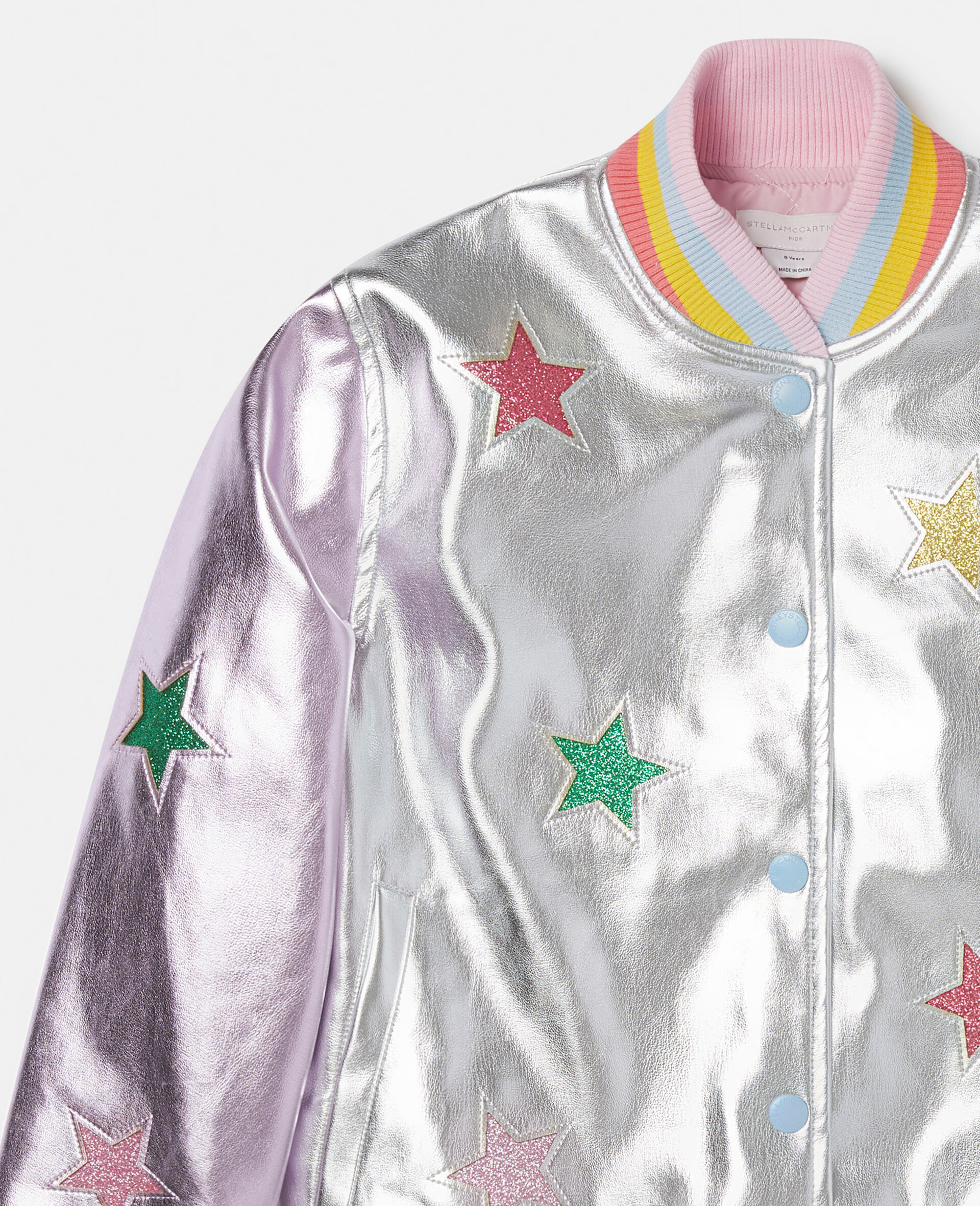 Metallic Star Appliqué Bomber Jacket-Multicolour-large image number 1