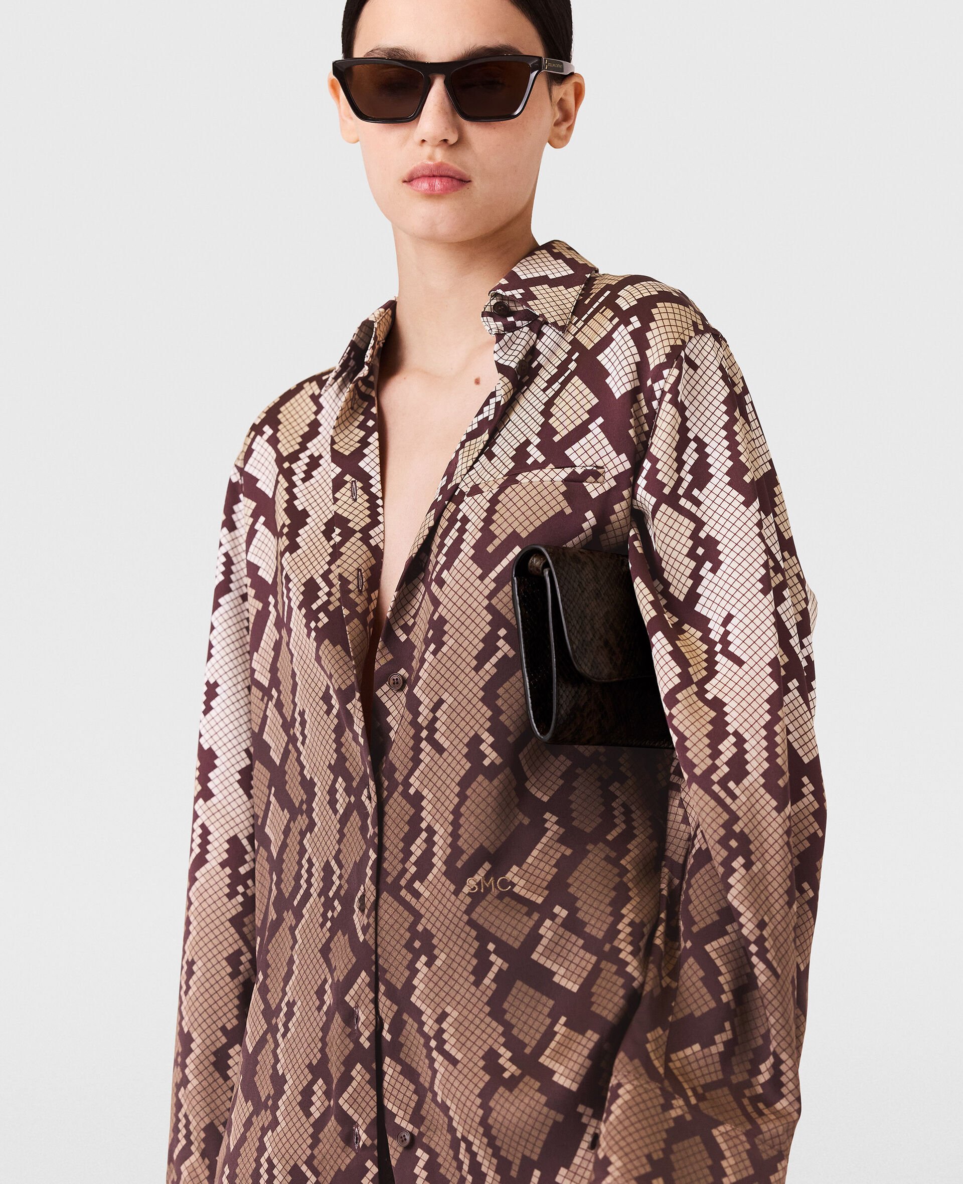 Snake Print Oversized Shirt-Brown-model