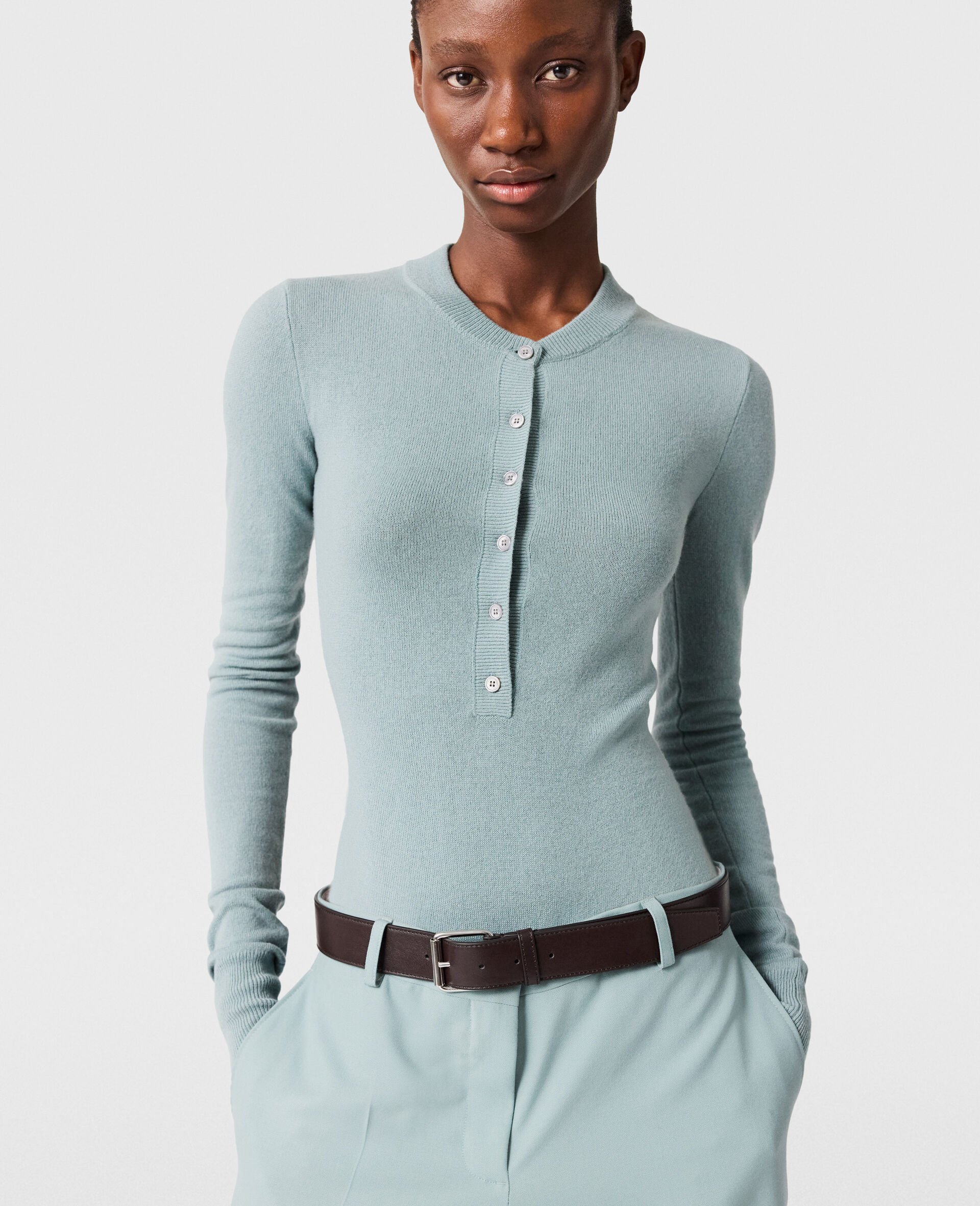 Crewneck Ribbed Long-Sleeve Bodysuit-Blue-model